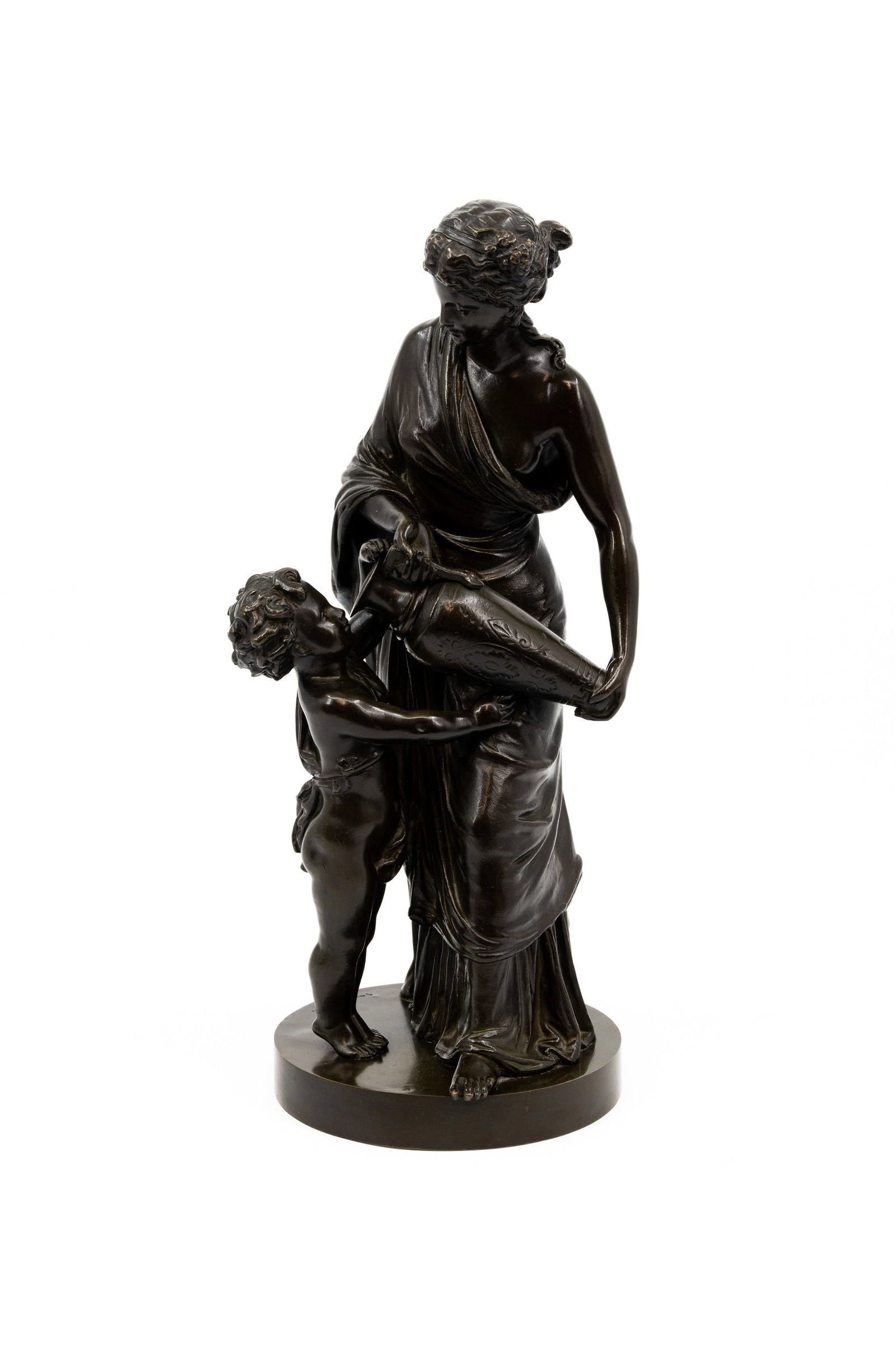 Louis SAUVAGEAU (1822-1874) "'Femme et Amour symbolisant L'eau" A patinated bronze sculpture: Louis SAUVAGEAU (1822-1874) "'Femme et Amour symbolisant L'eau". A patinated bronze sculpture representing a lady and child. Signed, 19th century. H: 40,5 cm