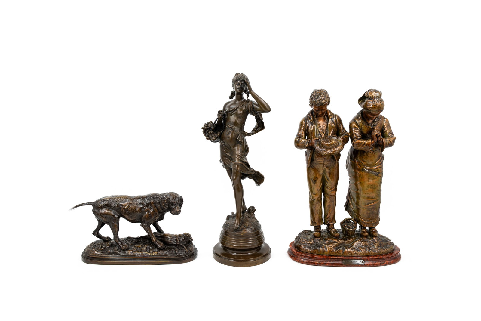 A composed lot of three variously shaped patinated bronze and spelter figural sculptures: A composed lot of three variously shaped patinated bronze and spelter figural sculptures. Consisting of: a patinated spelter sculpture of two praying individuals titled "L'Angelus par Capois", an ille