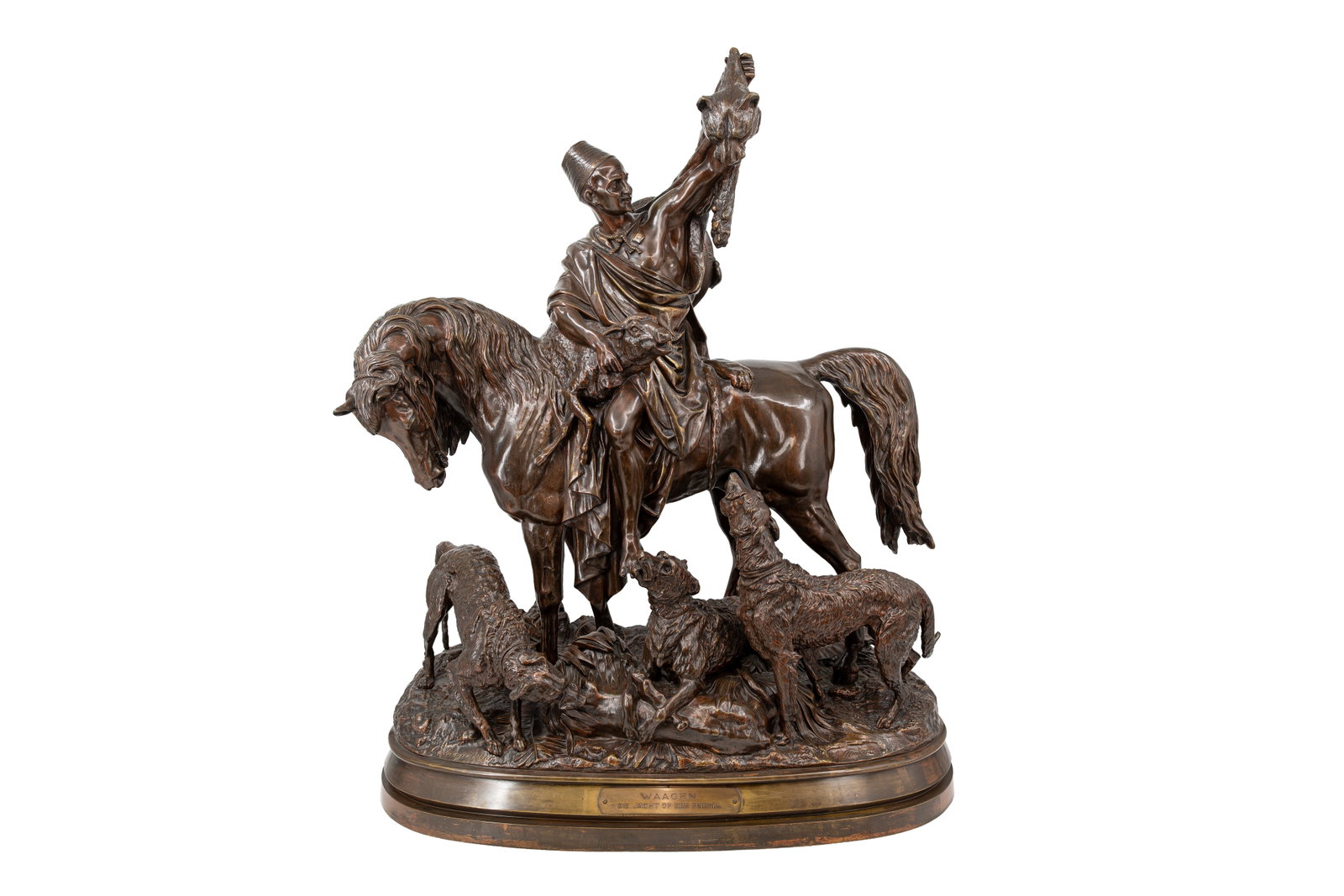 Arthur WAAGEN (1833-1898) "De jacht op een puma" An antique and imposing Orientalist group sculpture: Arthur WAAGEN (1833-1898) "De jacht op een puma". An antique and imposing large orientalist group sculpture of hunter Kabyle on horseback accompanied by his dogs. Signed, 19th century. Part of weapon 