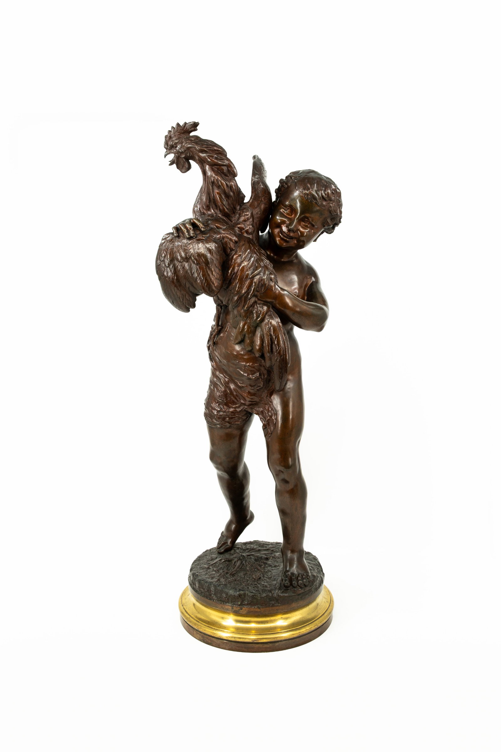 Paul DUBOIS (1829-1905) A large and imposing antique Belgian patinated bronze sculpture: Paul DUBOIS (1829-1905) A large and imposing antique Belgian patinated bronze sculpture of a boy holding a rooster. Signed, late 19th century. H: 97,5 cm