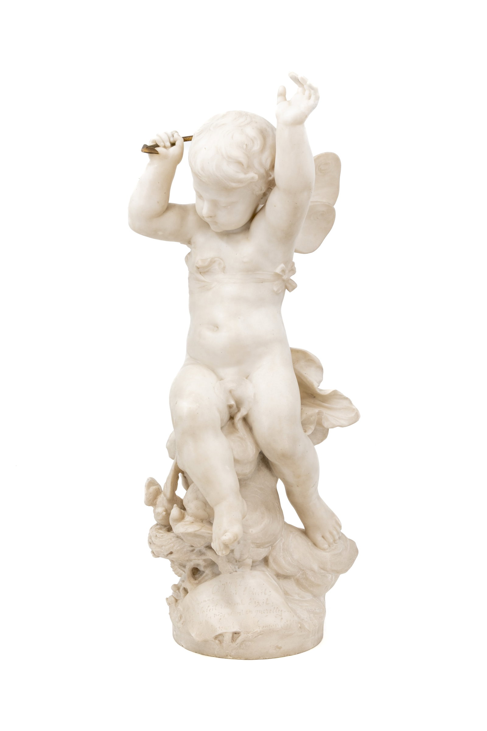 Félix CANA (XIX) "Avril" An antique carved white marble sculpture: Félix CANA (XIX) "Avril" An antique carved white marble sculpture depicting of a wingend putti holding an gilt bronze arrow. Signed, late 19th century. H: 71 cm
