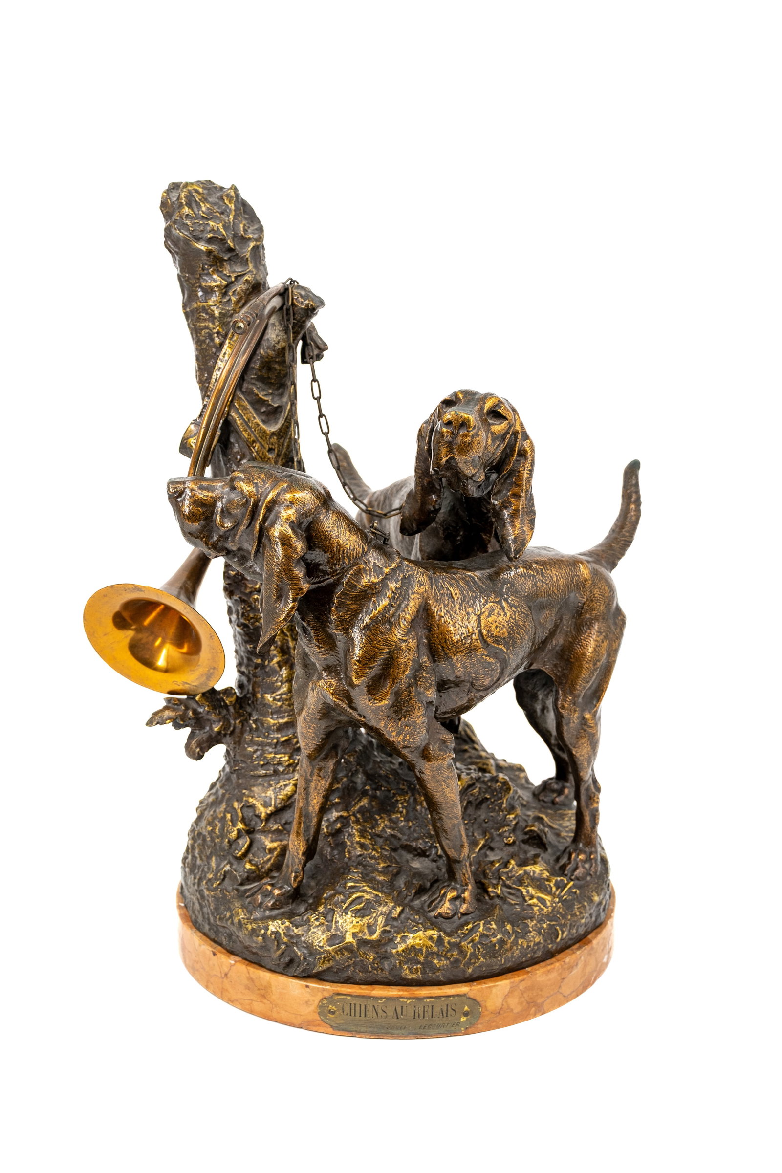 Prosper LECOURTIER (1855-1924) "Chiens au Relais" An antique and French patinated bronze animalier: Prosper LECOURTIER (1855-1924) "Chiens au Relais". An antique and French patinated bronze animalier sculpture group of two hunting dogs on the lookout. Footed on a marble base. Signed, late 19th centu