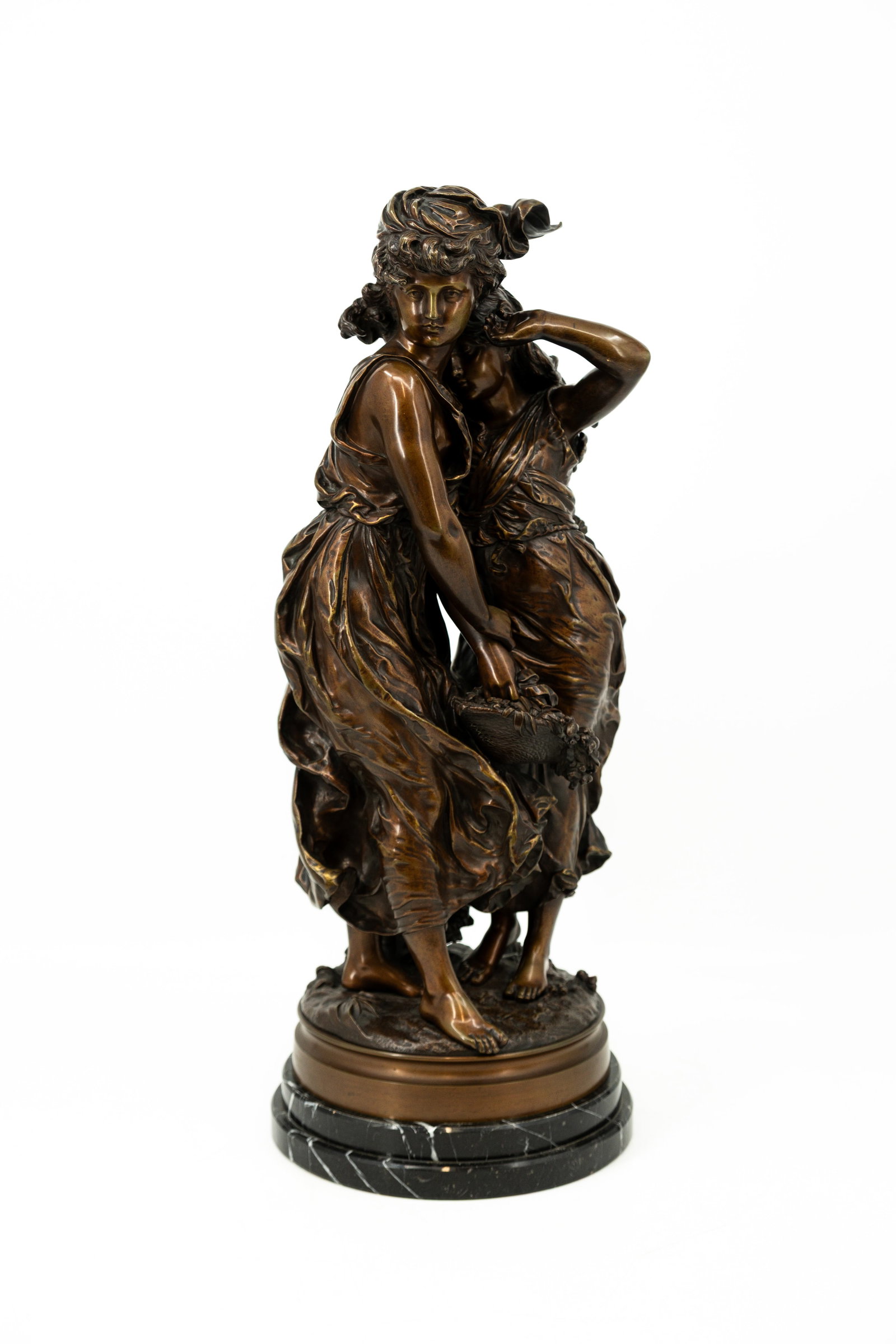 Hippolyte MOREAU (1832-1926) "Jeunes Filles Dans Le Vent" An antique French bronze sculpture: Hippolyte MOREAU (1832-1926) "Jeunes Filles Dans Le Vent". An antique French patinated bronze sculpture of two girls in the wind. Footed on a black marble base. Signed, late 19th century. H: 56 cm, wi