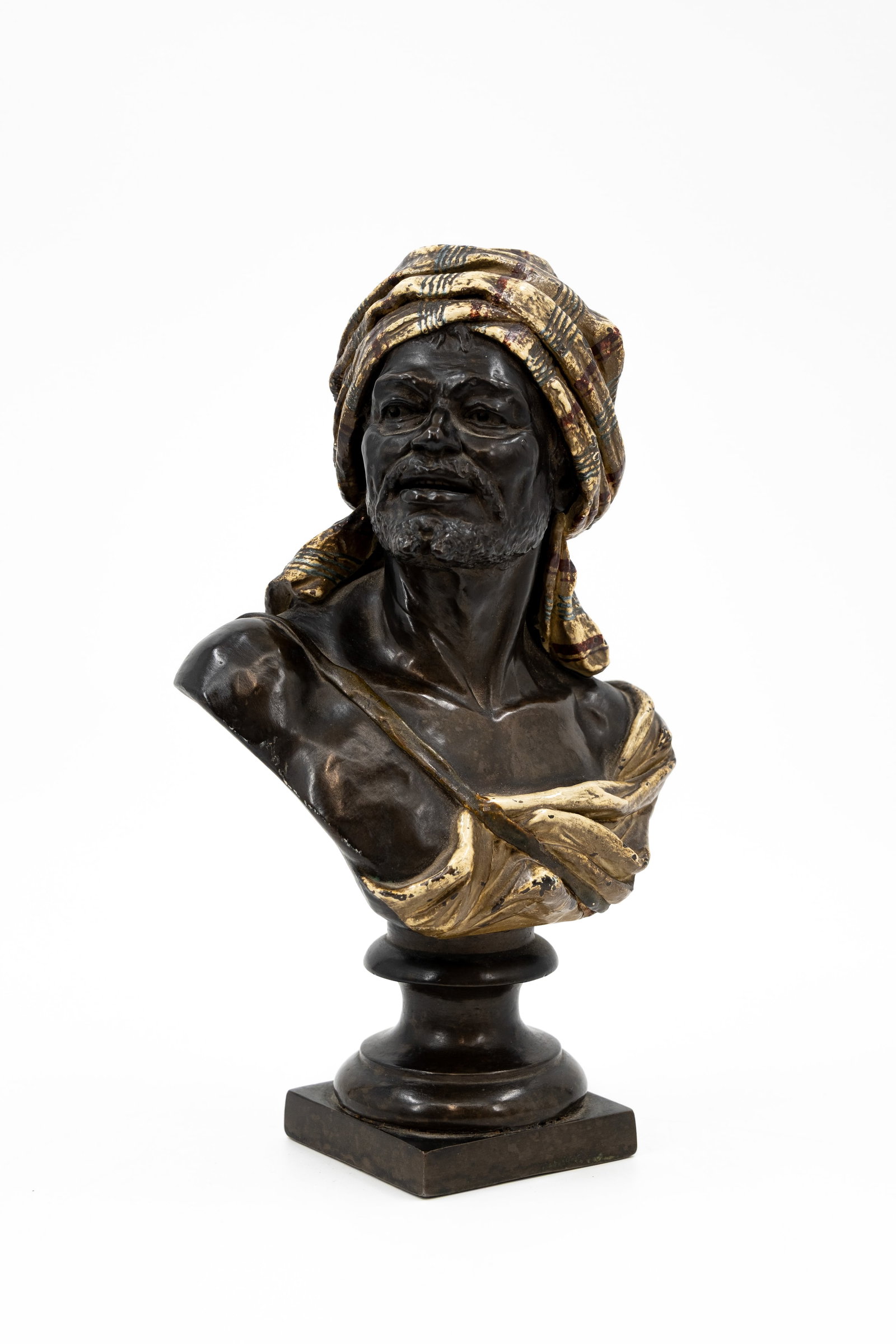An antique Orientalist multi-patinated galvano bronze bust sculpture representing a posing moor (1 of 9)