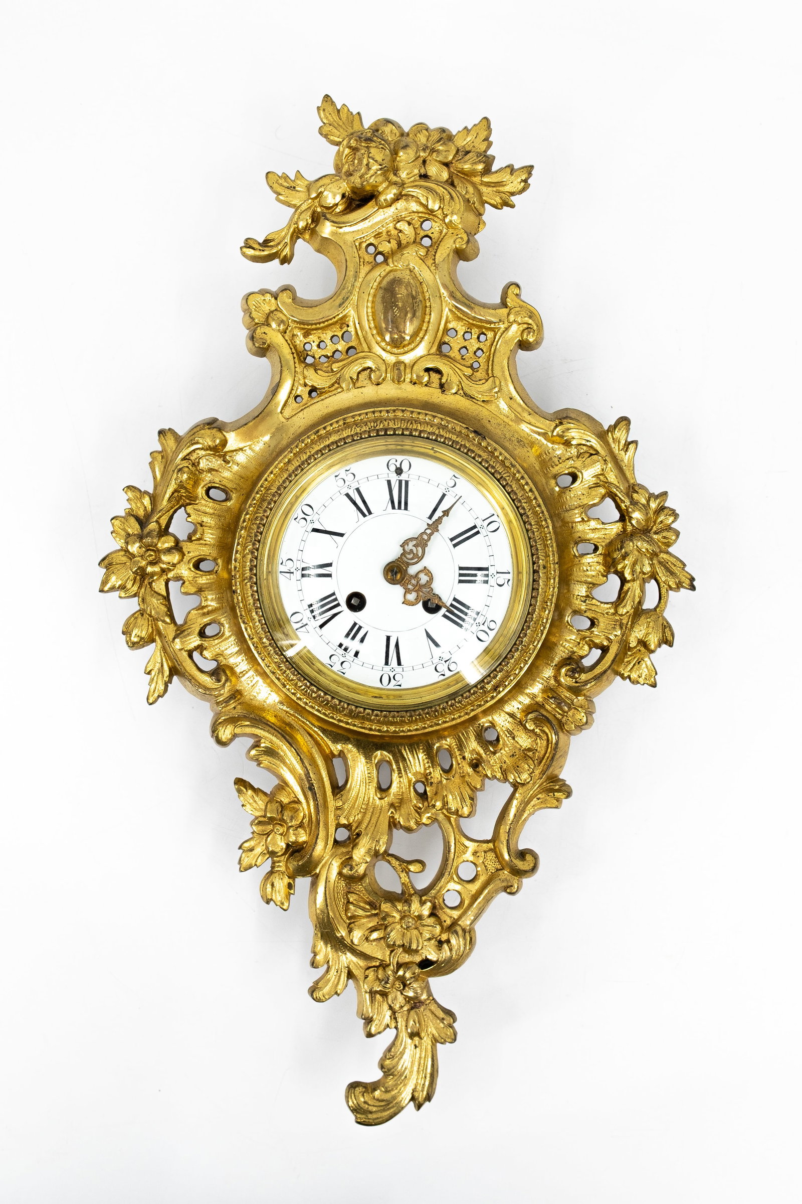 An antique French rococo style decorated gilt bronze wall cartel clock (1 of 8)