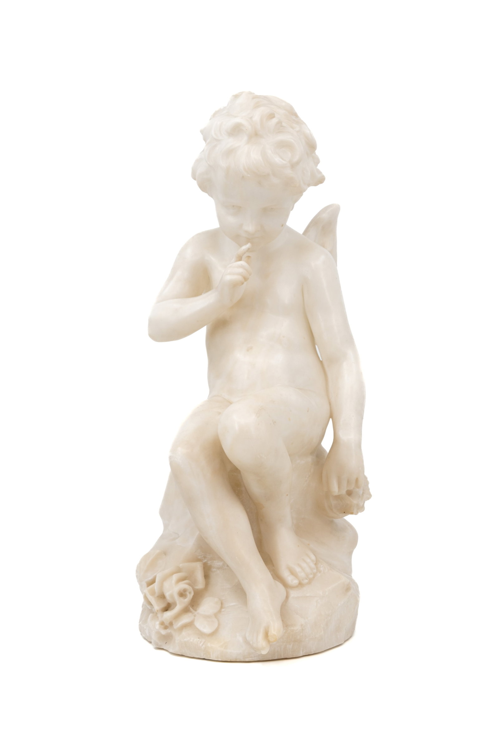 A. CUPINI (XIX) A carved alabaster sculpture depicting of a sitting wingend putti (1 of 13)