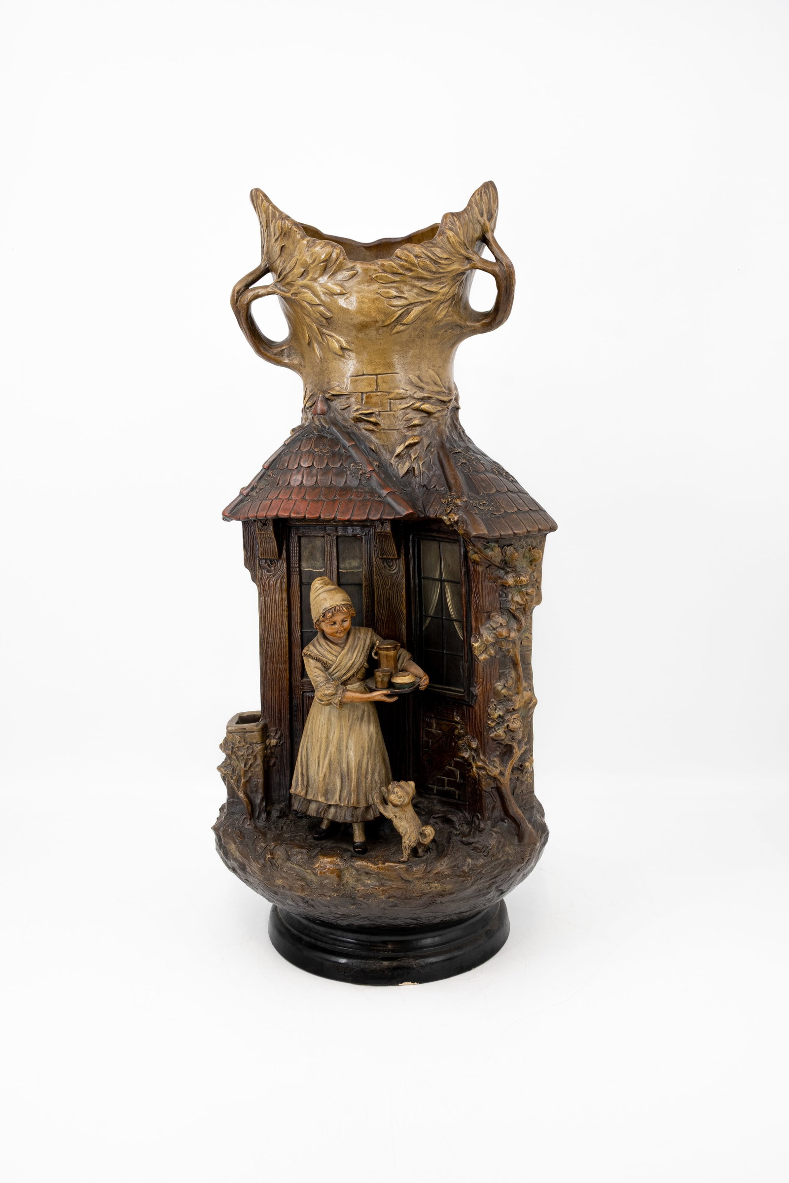 August OTTO (1868-1947) A large antique multi-patinated terracotta figural vase: August OTTO (1868-1947) A large antique multi-patinated terracotta figural vase. Signed, circa 1900. H: 70 cm