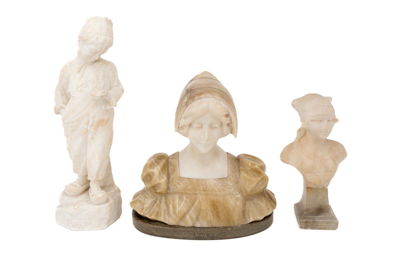 A composed lot of three antique variously shaped carved alabaster marble sculptures (1 of 11)
