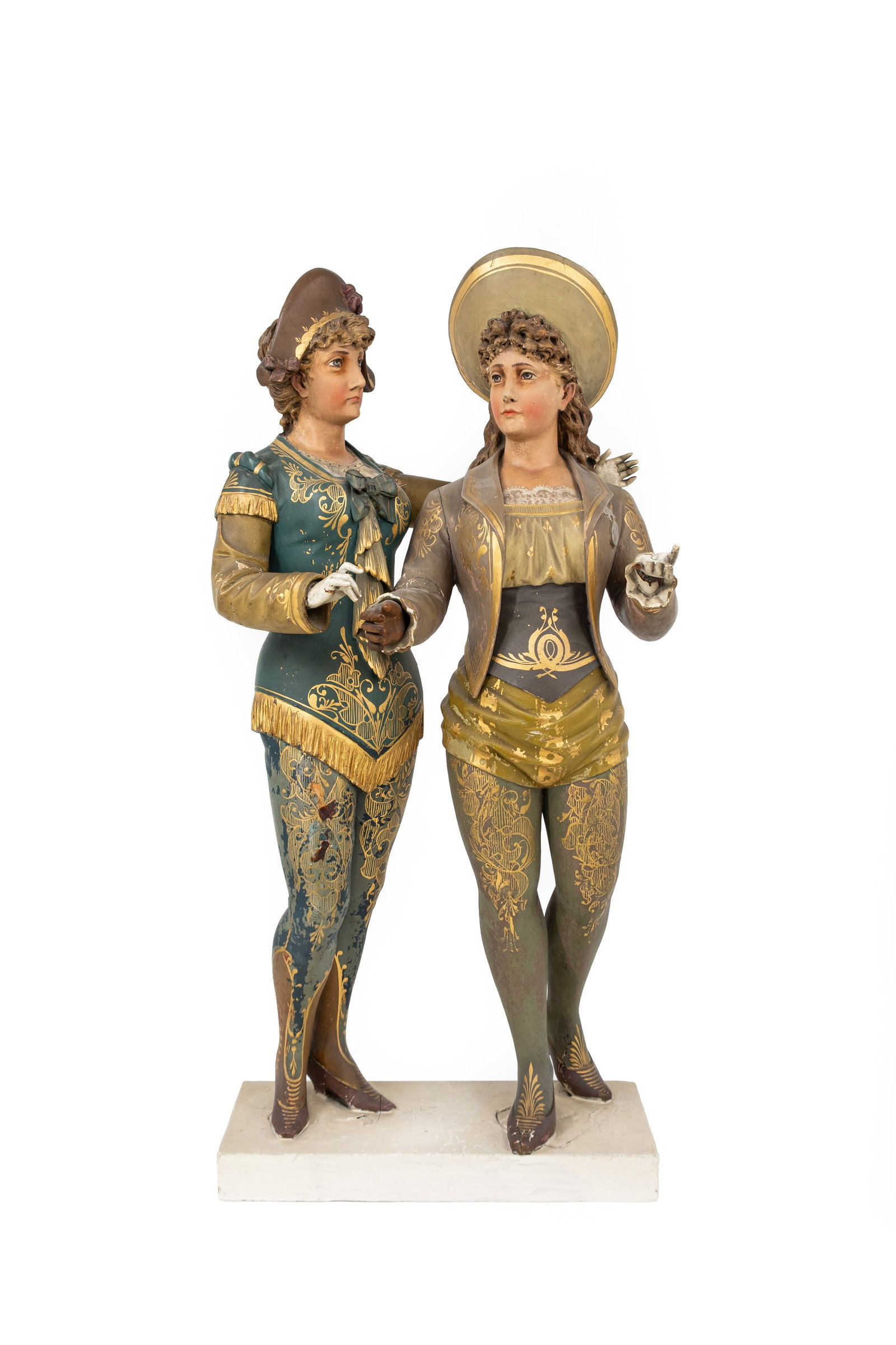 An antique large polychrome-decorated carved wooden sculpture: An antique large polychrome-decorated carved wooden sculpture of two figures in a dancing pose. Probably from an organ. Circa 1900. Condition: small damages, report available on request. H: 91 cm