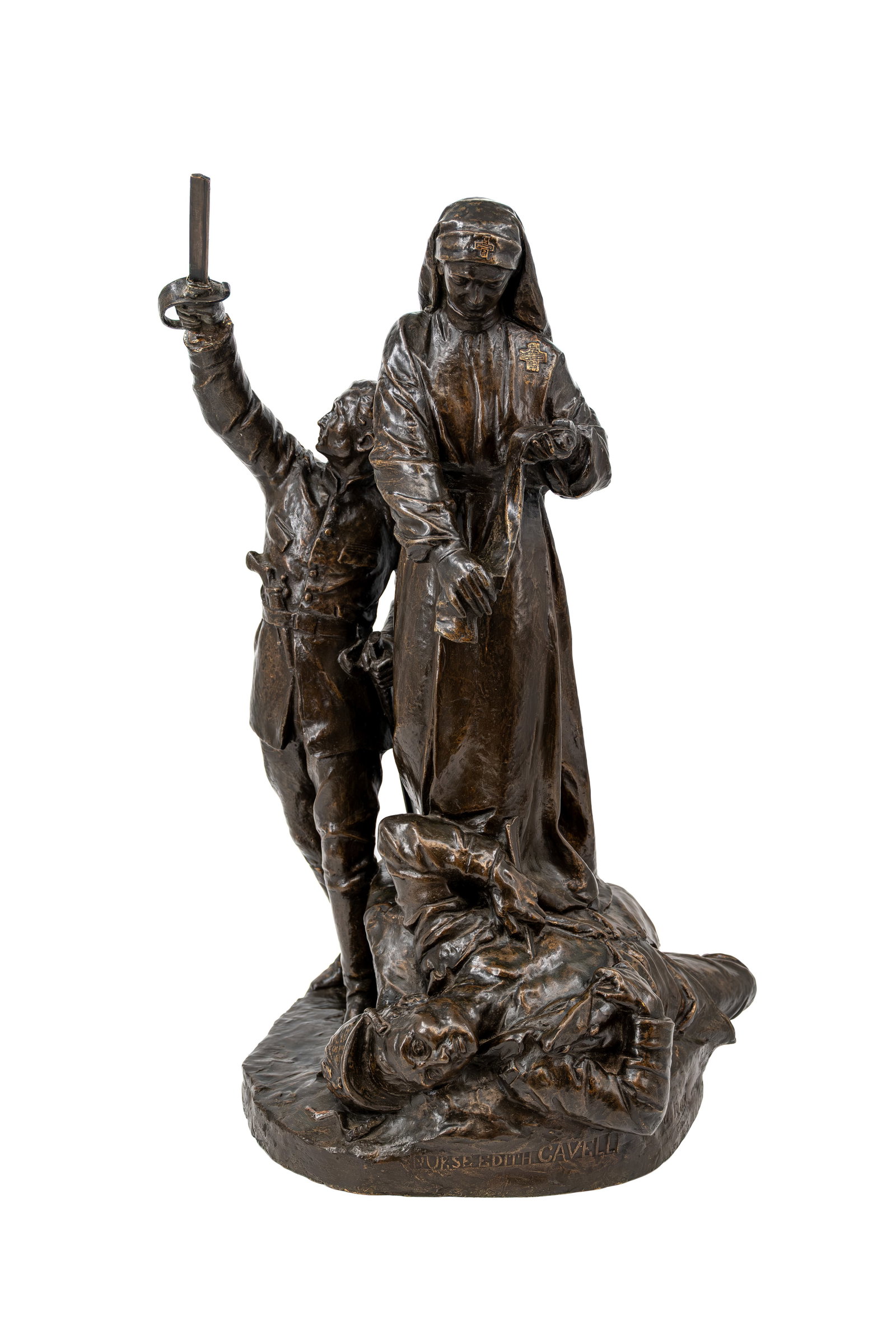 Nicanor PLAZA (1840-1918) "Nurse Edith Cavell" An Italian large antique patinated bronze sculpture: Nicanor PLAZA (1840-1918) "Nurse Edith Cavell". An Italian large antique patinated bronze sculpture group with three figures in a scene. Signed and dated 1915. Foundry marked by Gusmano VIGNALI Firenz