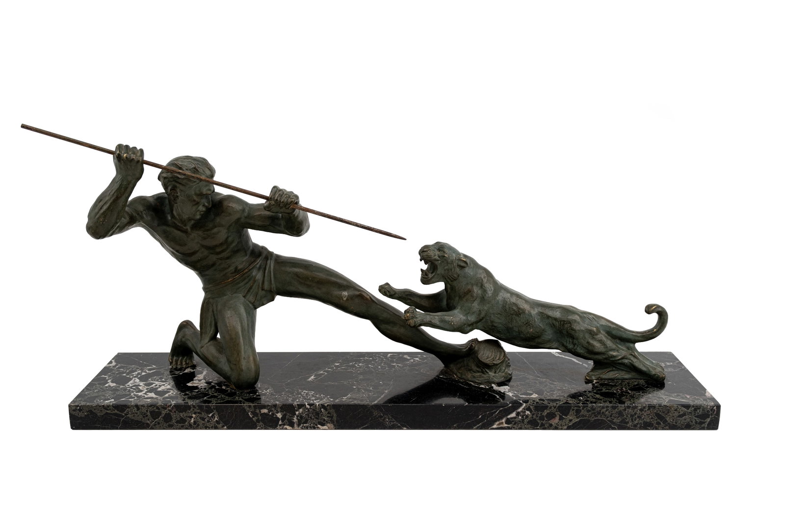 Salvatore MELANI (1902-1934) A large art deco green-patinated figural sculpture: Salvatore MELANI (1902-1934) A large art deco green-patinated figural sculpture representing a man fighting a tiger with a spear. Signed, circa 1920s. H: 45 - W: 95 cm