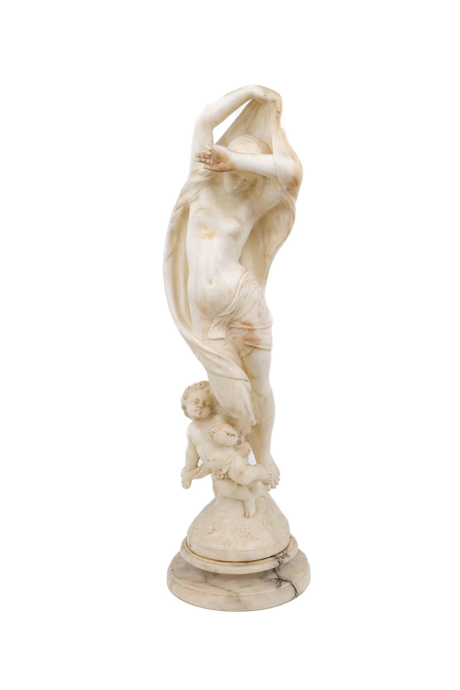Jean Jacques PRADIER (1790-1852) After. "Allegory of the Night" A large carved alabaster sculpture: Jean Jacques PRADIER (1790-1852) After. "Allegory of the Night". A large carved alabaster marble sculpture of a lady with a putti at her feet. Illegibly signed on the backside. First half 20th century