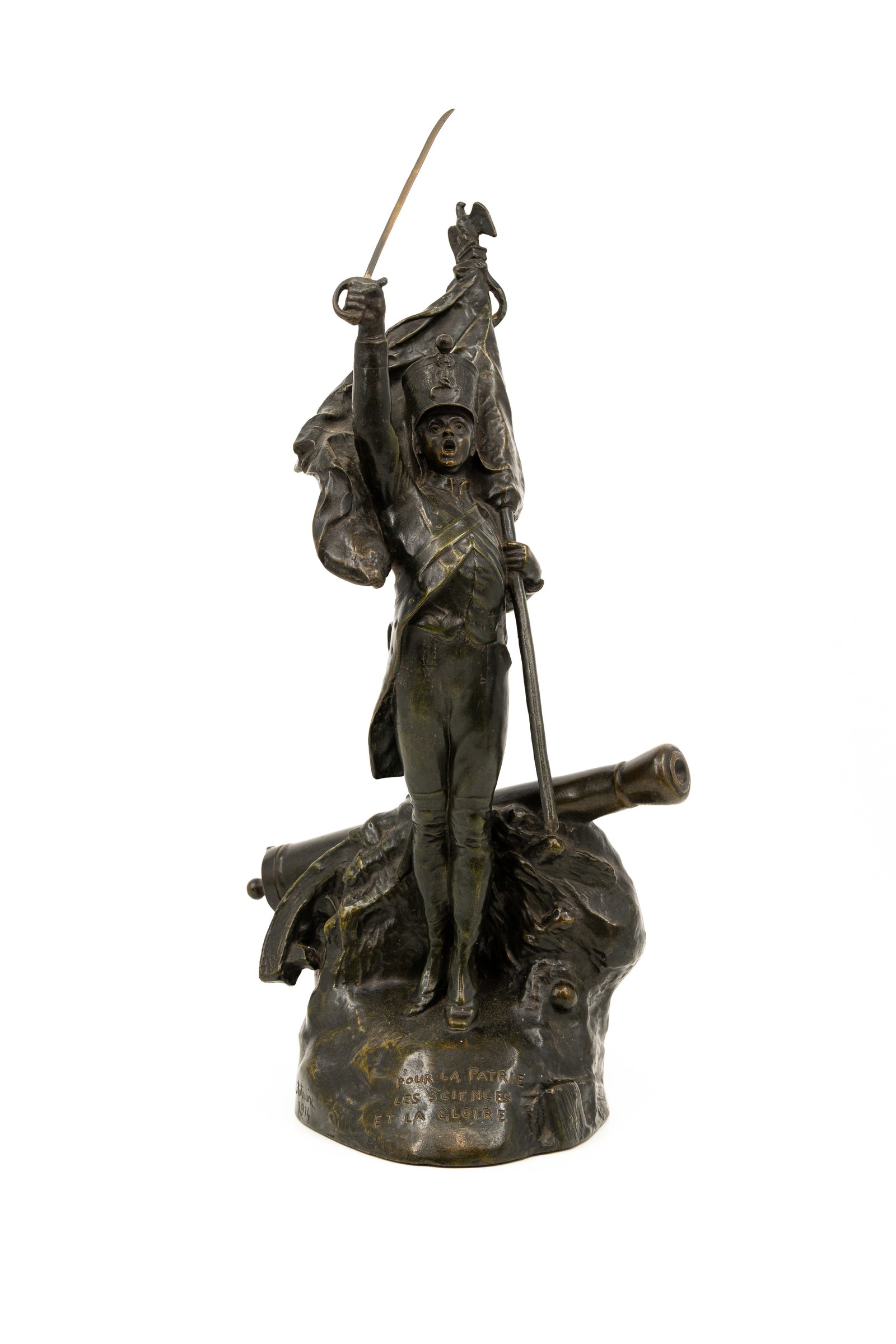Corneille THEUNISSEN (1863-1918) "Pour La Patrie" An antique patinated bronze military sculpture: Corneille THEUNISSEN (1863-1918) 1914 "Pour La Patrie - Les Sciences et la Gloire". An antique patinated bronze figural military sculpture. Signed, and cire perdue Montacutelli Paris. Backside written