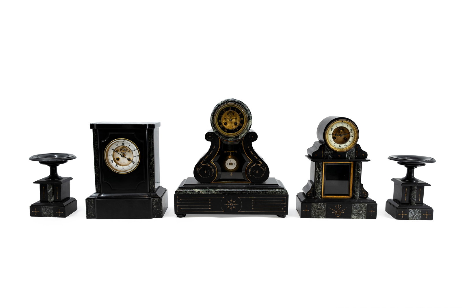 A composed lot of three antique various shaped French marble mantel clocks and associated elements (1 of 16)