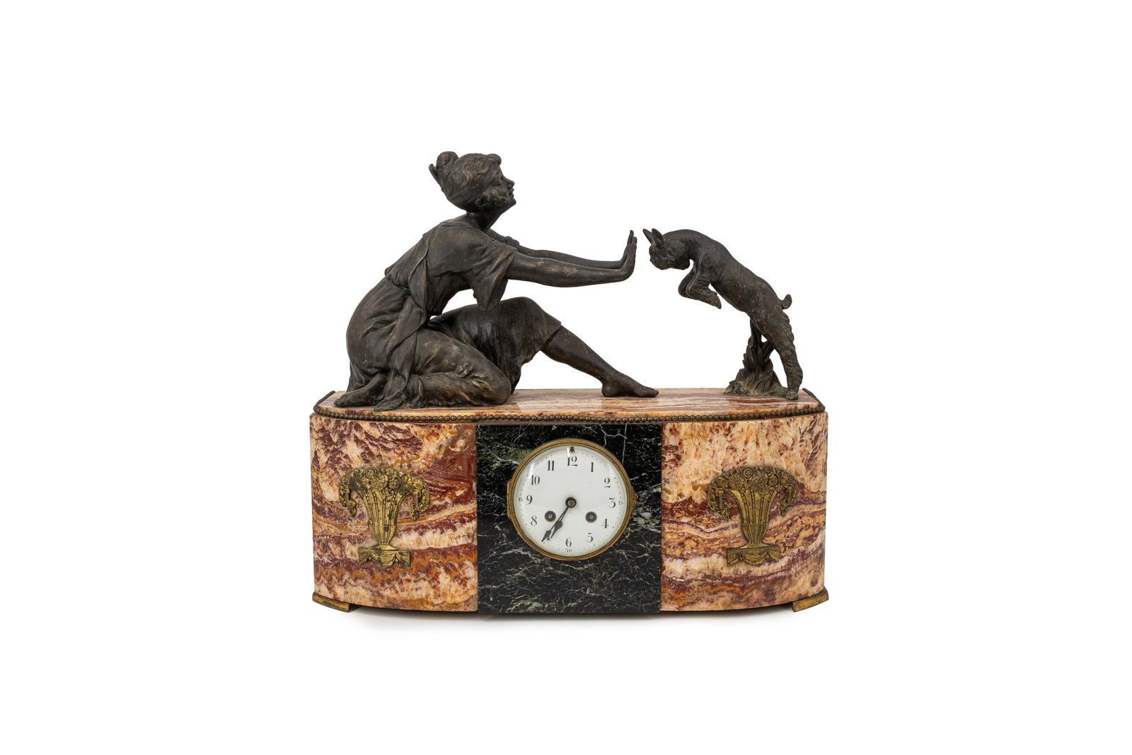 An art deco figural patinated spelter and two-colored marble mantel clock: An art deco figural patinated spelter and two-colored marble mantel clock with brass mounting, depicting of lady and goat. Circa 1920s. H: 43 - W: 50 cm