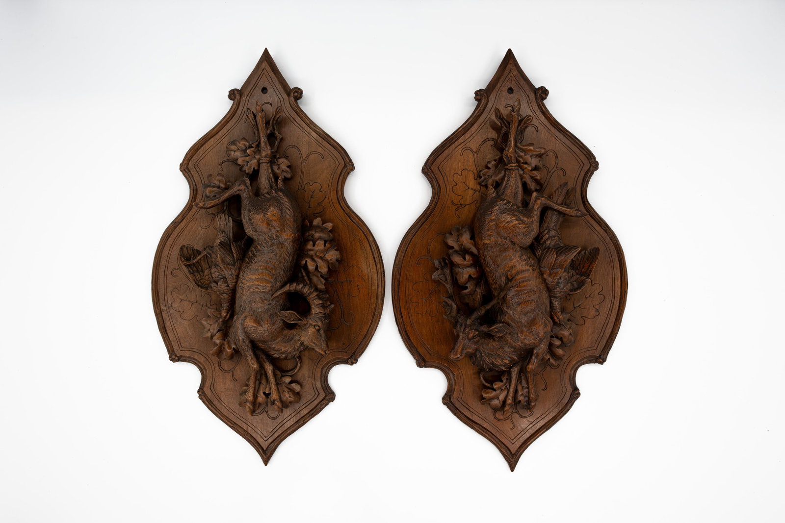 A matching pair of large antique carved wooden black forest wall bas-relief sculptures (1 of 10)