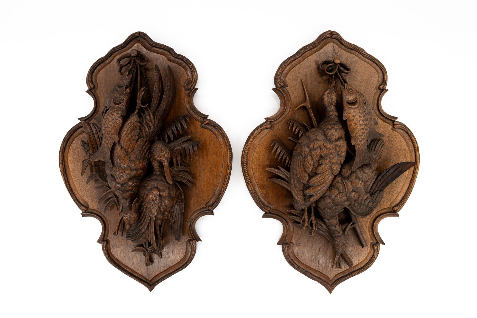 A matching pair of antique carved wooden Black Forest wall bas-relief sculptures (1 of 8)