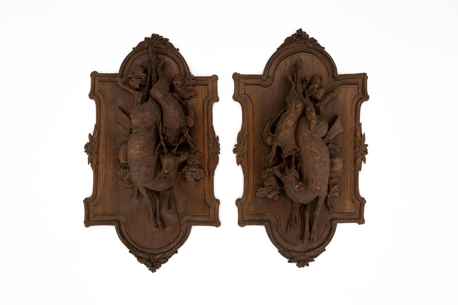 A matching pair of antique carved wooden Black Forest wall bas-relief sculptures (1 of 5)