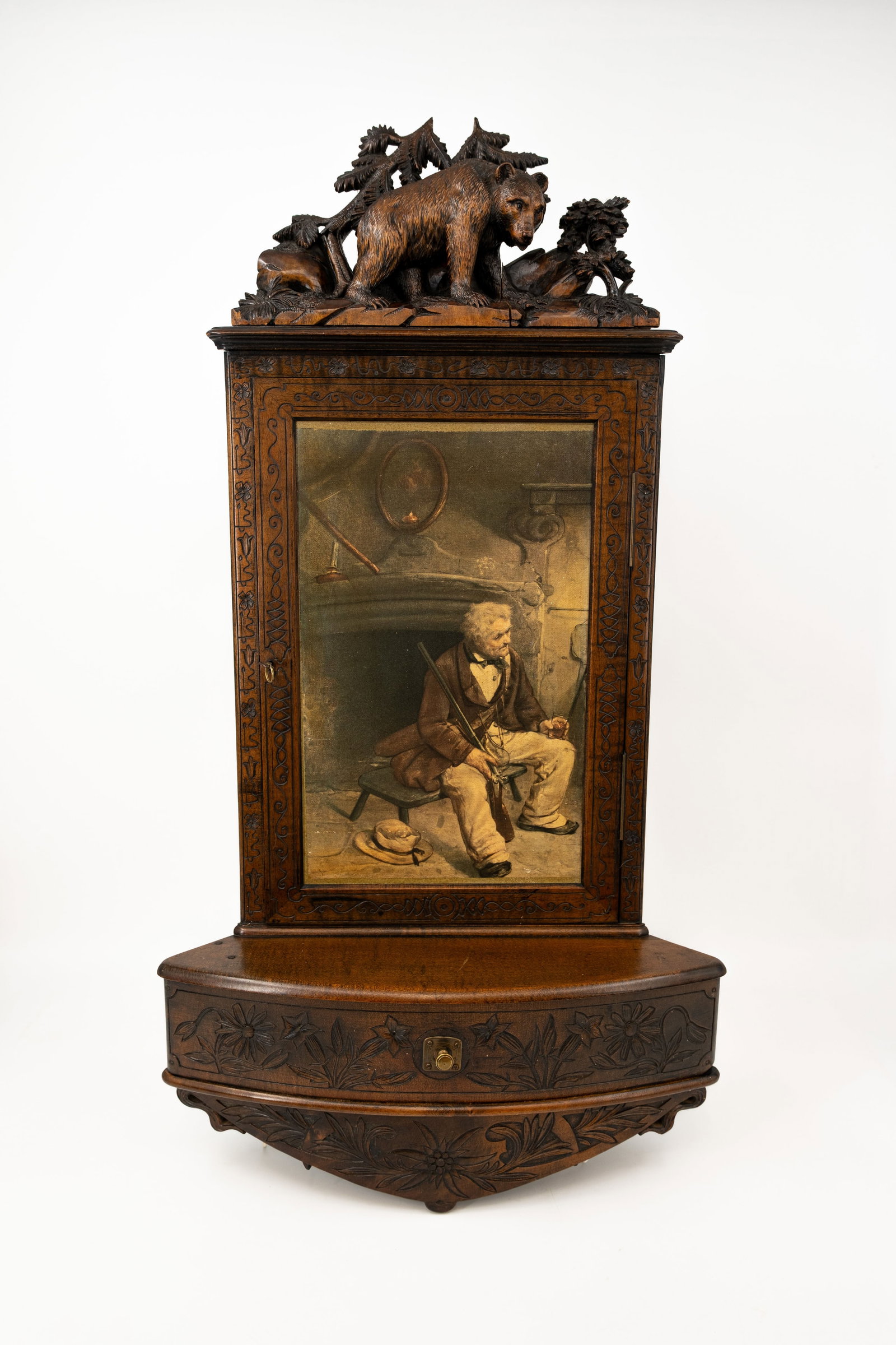 A carved Black Forest wooden wall corner cabinet (1 of 8)