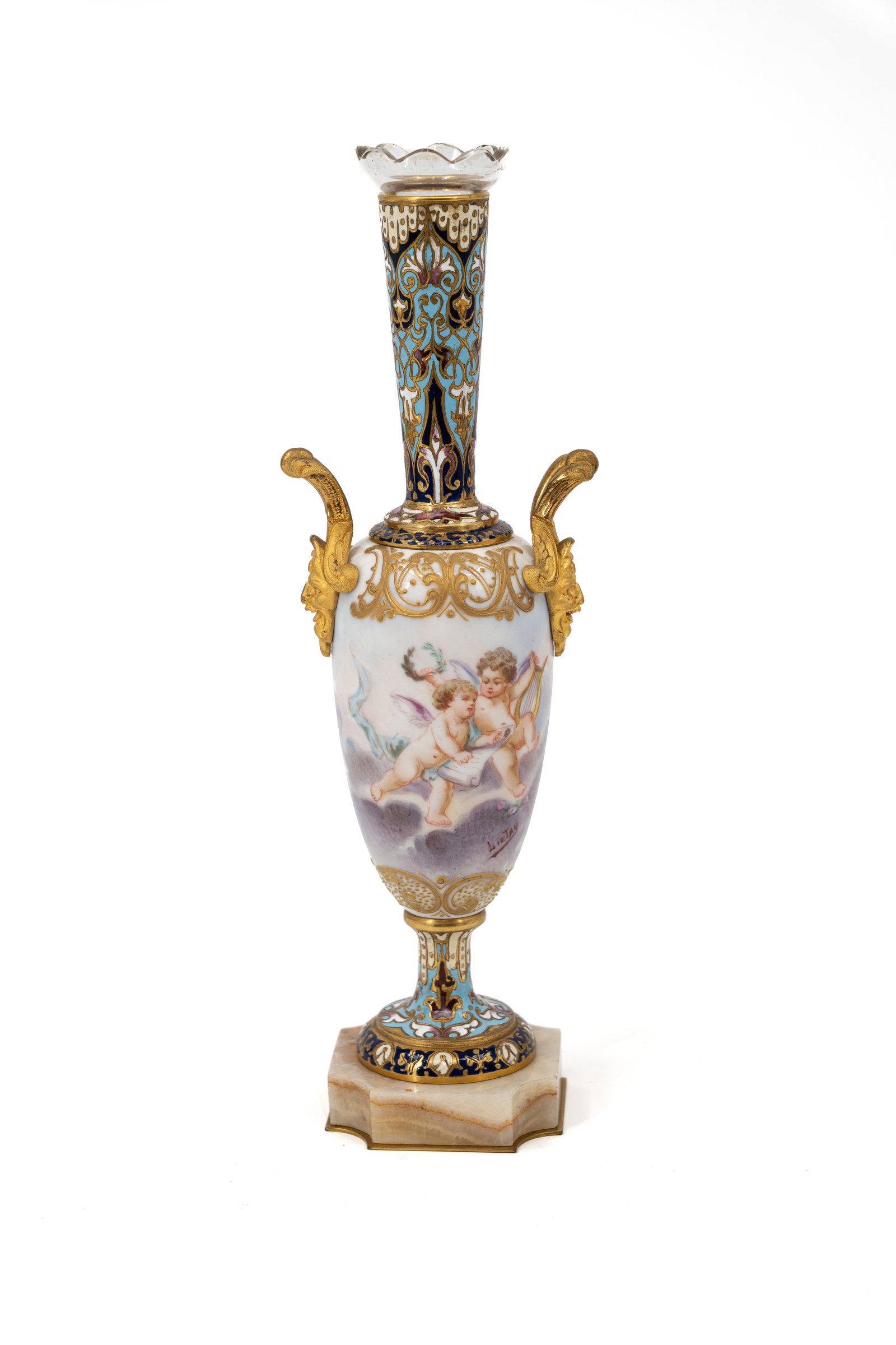 An antique French Sèvres style champleve gilt bronze mounted decorated porcelain tulip vase: An antique French Sèvres style champleve gilt bronze mounted decorated porcelain tulip vase with glass top. Hand painted cherub scene, signed by Lietay. Circa 1900. H: 27,5 cm