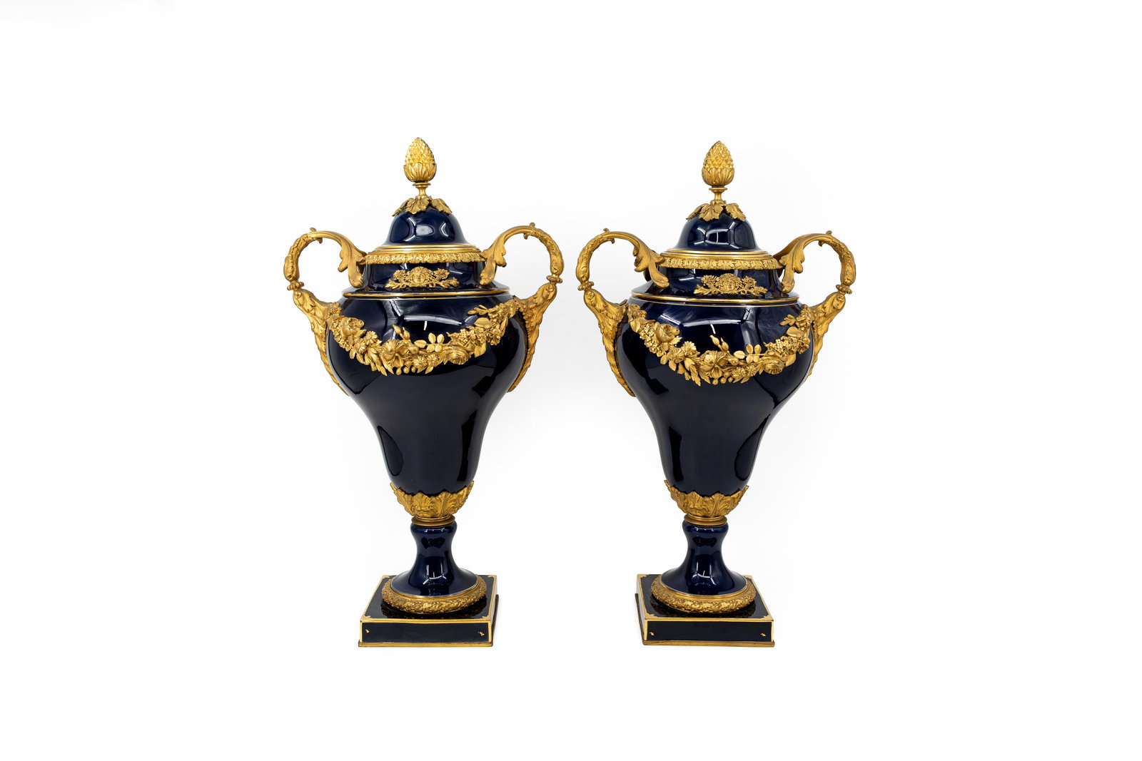 A large pair of antique French Sevres style rotating porcelain covered vases with gilt bronze (1 of 18)