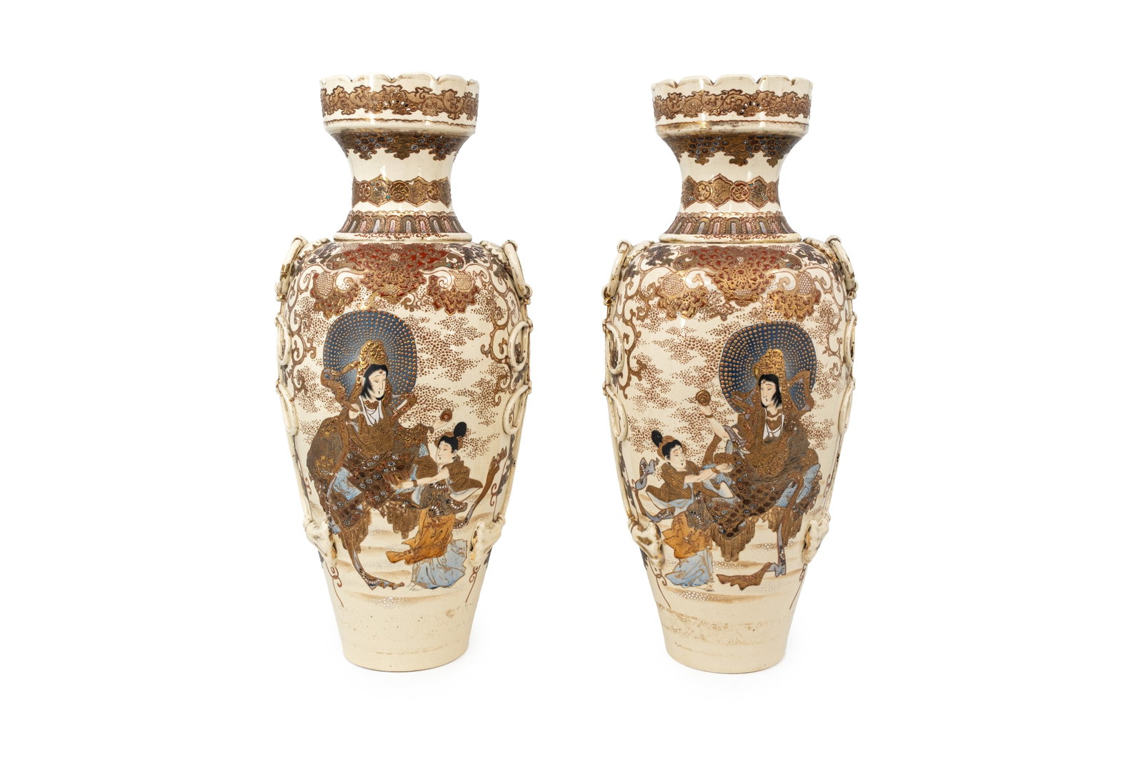 A pair of large matching Japanese Satsuma vases: A pair of large matching Japanese Satsuma vases, both richly decorated. Circa 1900.