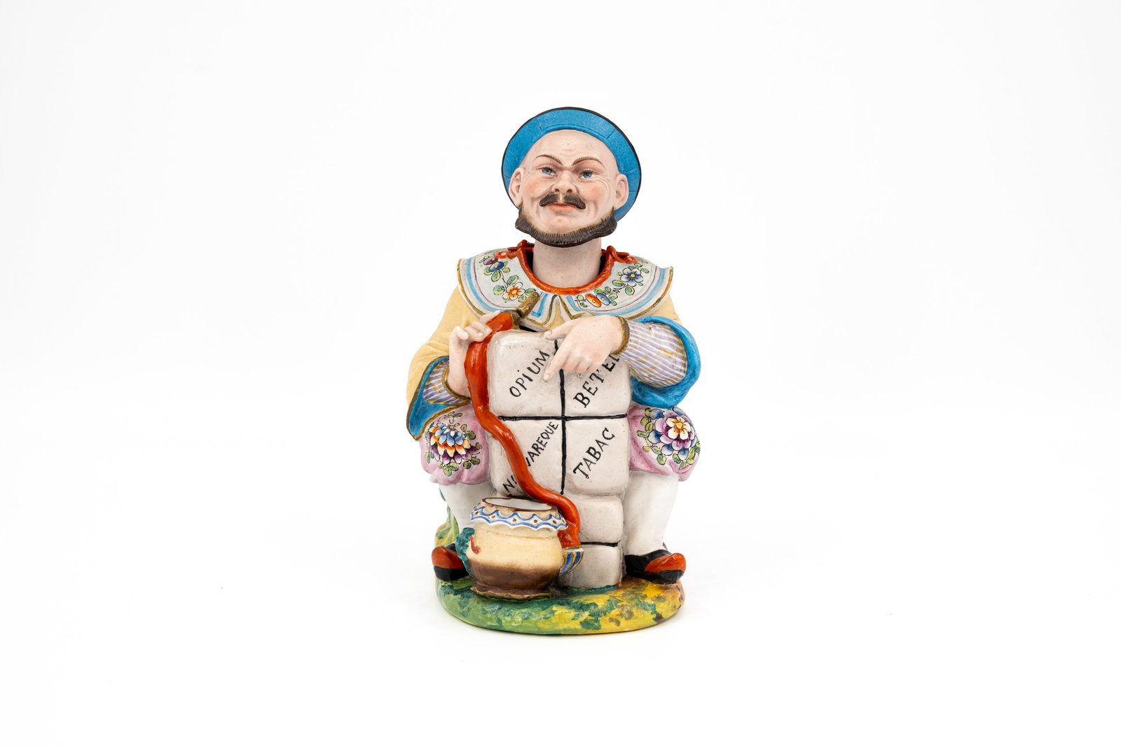 An antique colorful biscuit figural tobacco jar with a movable head (1 of 11)