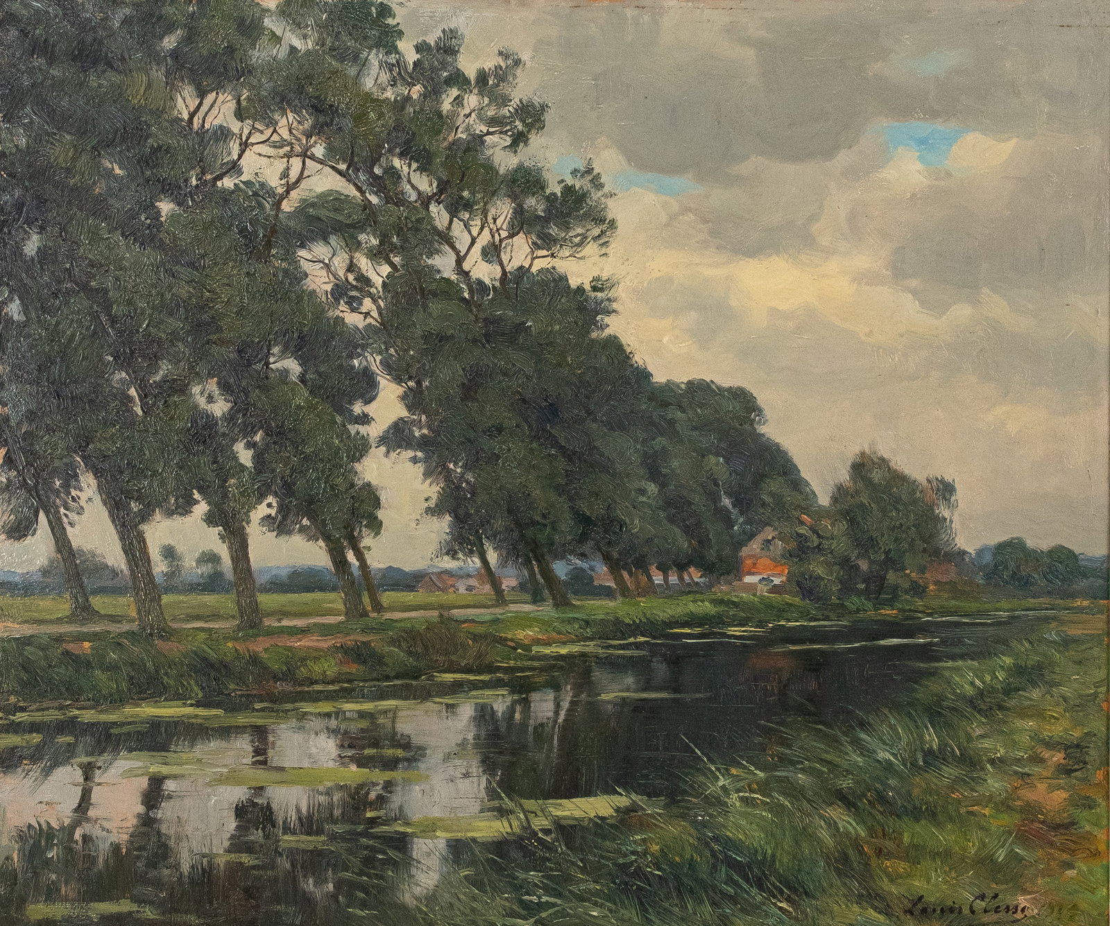 Louis CLESSE (1889-1961) An antique oil on board painting: Louis CLESSE (1889-1961) An antique oil on board painting depicting trees at the river. Signed, first half 20th century. H: 55 - W: 65 cm