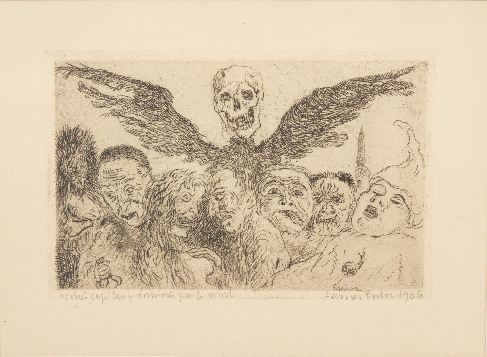 James Ensor (1860-1949) An etching on paper " Les péchés capitaux dominés par la mort" 1904: James Ensor (1860-1949) An etching on paper " Les péchés capitaux dominés par la mort" 1904 (" The seven sins dominated by death"). Signed in the plate and lower right, dated 1904. H: 13 - W: 18 cm