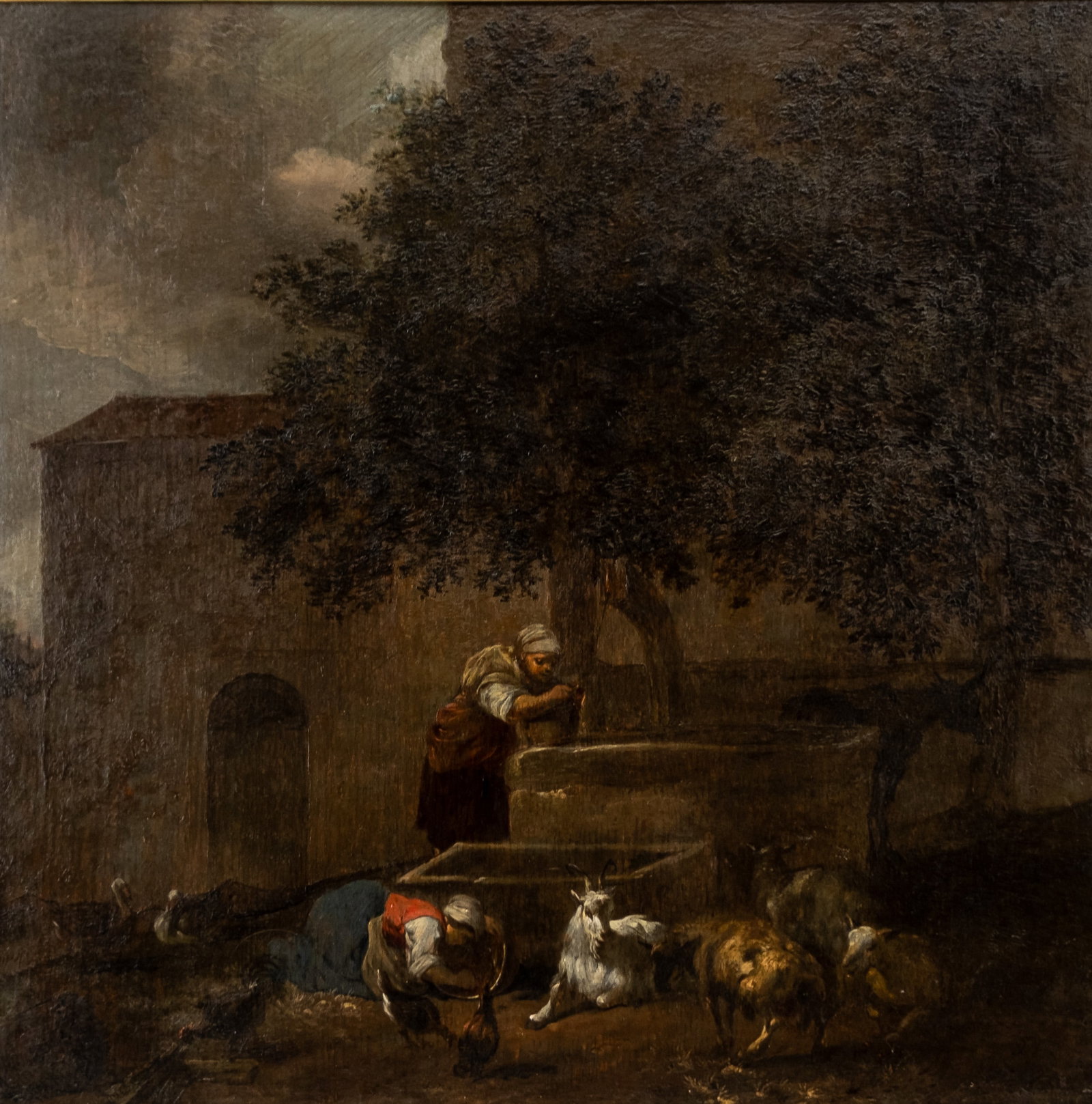 Hendrik MOMMERS (1623-1693) attributed to. An antique oil on panel painting depicting a figural: Attributed to Hendrik MOMMERS (1623-1693). An antique oil on panel painting depicting a figural water well scene with a goat and poultry. Unsigned, 17th century. H: 45 - W: 44 c