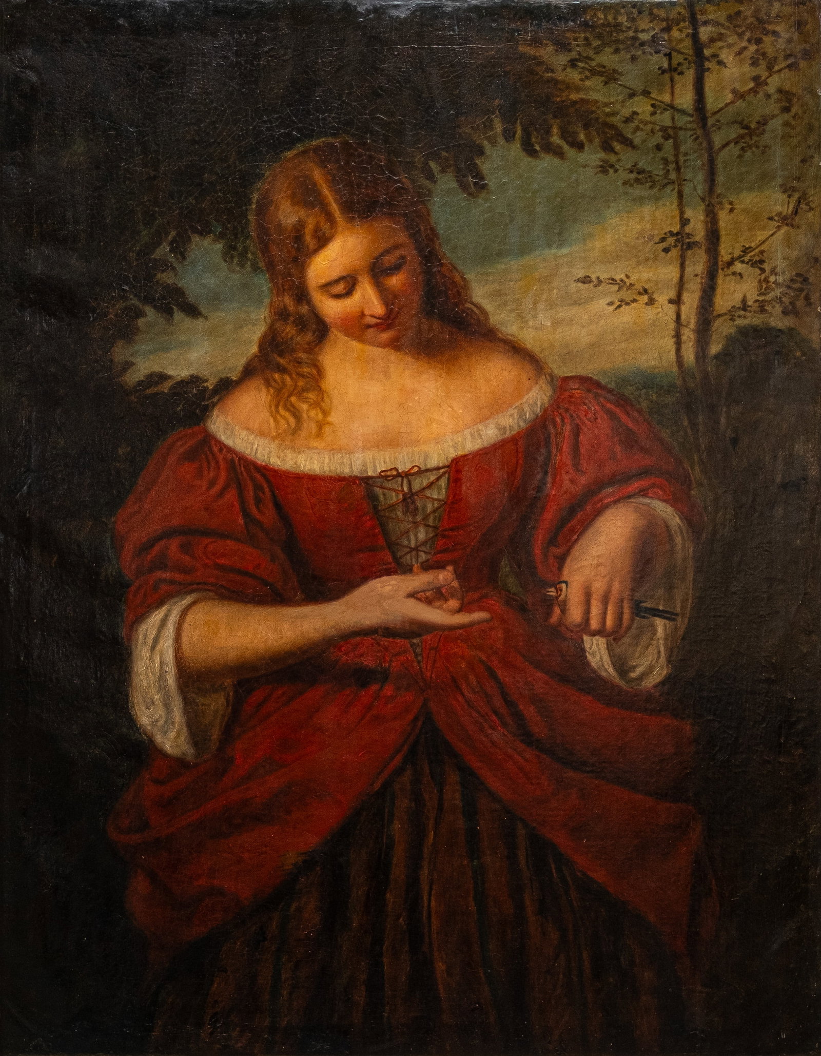 A large antique unsigned oil-on-canvas portrait painting: An antique large unsigned oil on canvas portrait painting depicting a lady in nature holding a bird in her hands. 19th century. H: 113 - W: 88 cm