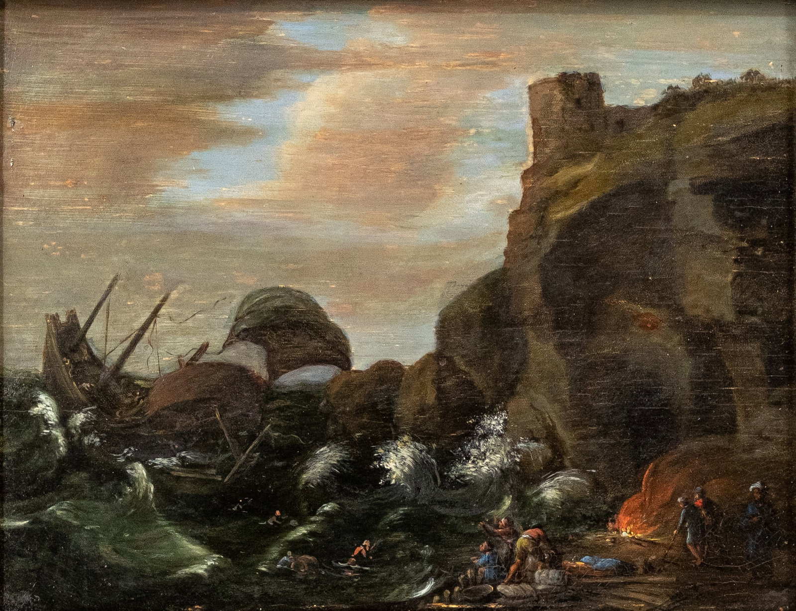 ANONYMOUS (XIII-XIX) An antique oil on panel painting: ANONYMOUS (XIII-XIX) An antique oil on panel painting depicting a figural animated storm at sea view. Unsigned, backside with written number 1769. H: 19 - W: 24 cm