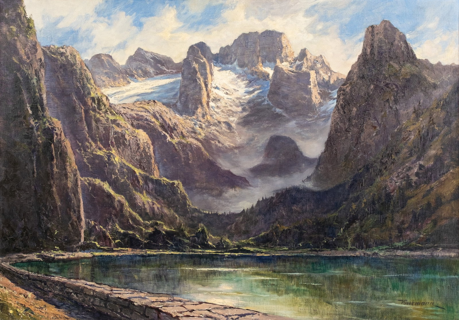 Viktor GUTMANN (1887-1963) A large oil on canvas painting depicting a mountain landscape: Viktor GUTMANN (1887-1963) A large oil on canvas painting depicting a mountain landscape near the river. Signed, first half 20th century. H: 70 - W: 100 cm