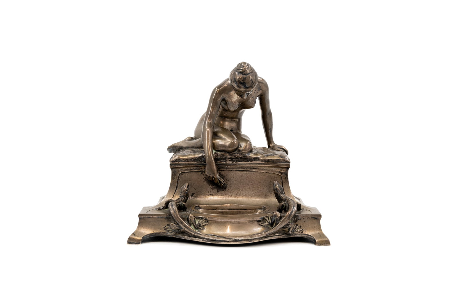 Mathilde PHILIPPSON (1855-1926) An antique Belgian art nouveau figural silver inkwell: Mathilde PHILIPPSON (1855-1926) An antique Belgian art nouveau figural silver inkwell with a sitting nude lady and two salamanders. Signed and dated 17 decembre 1906. Tested positive on silver for app