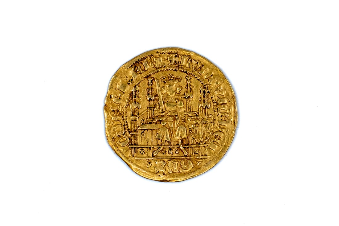 A Flemish gold quart d'écu à l'aigle of Louis of Male, County of Flanders: A Flemish gold quart d'écu à l'aigle of Louis of Male, County of Flanders, struck 1352-1353, Bruges. With eagle design on the obverse, and ornamental cross within lobed frame on the reverse. Weight: