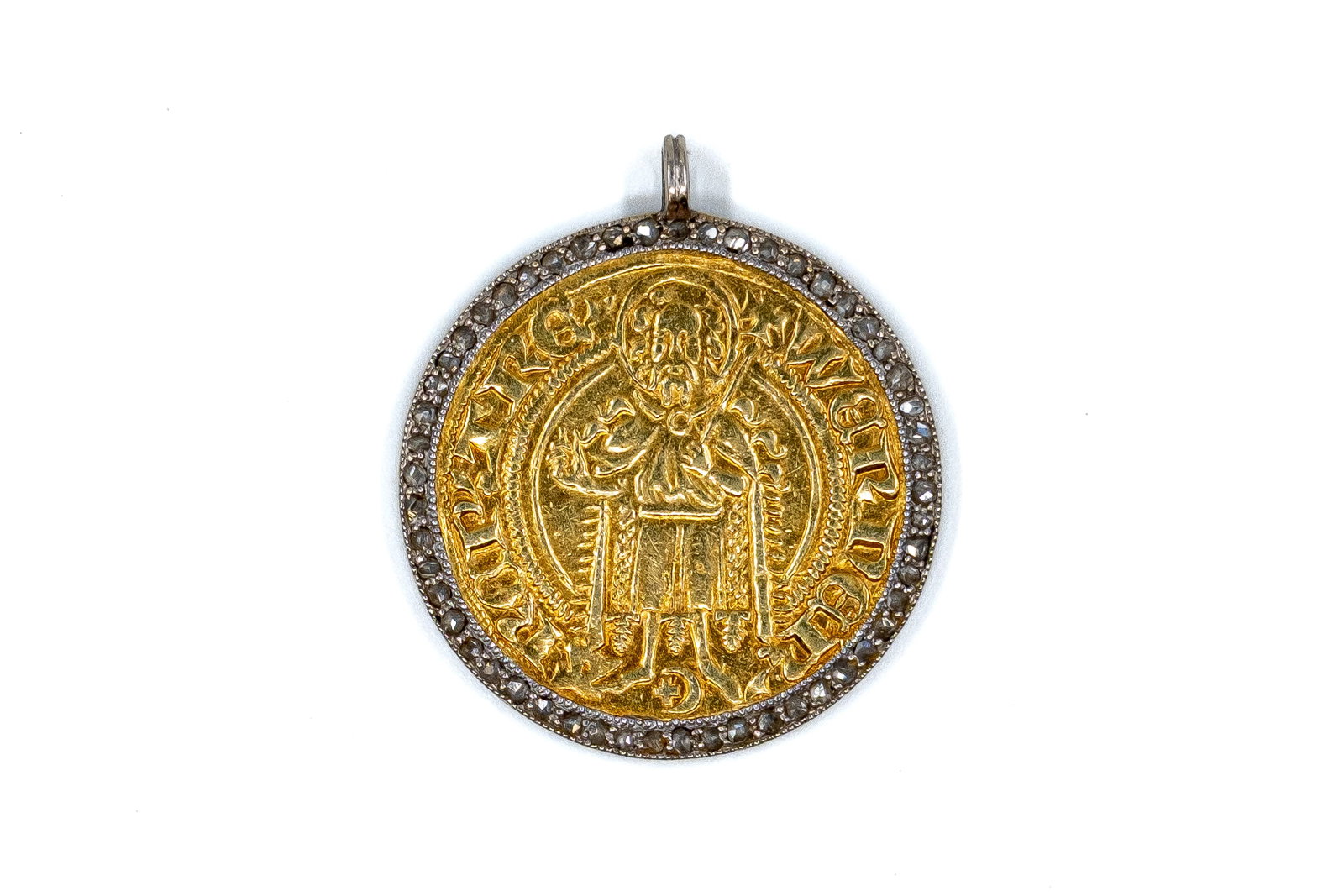 A German States goldgulden of the Archbishopric of Trier, Werner of Falkenstein, (1414-1417): A German States goldgulden of the Archbishopric of Trier, Werner of Falkenstein, (1414-1417), mounted in a silver hanger with rose-cut diamonds. With Saint John the Baptist standing, holding a cross-s