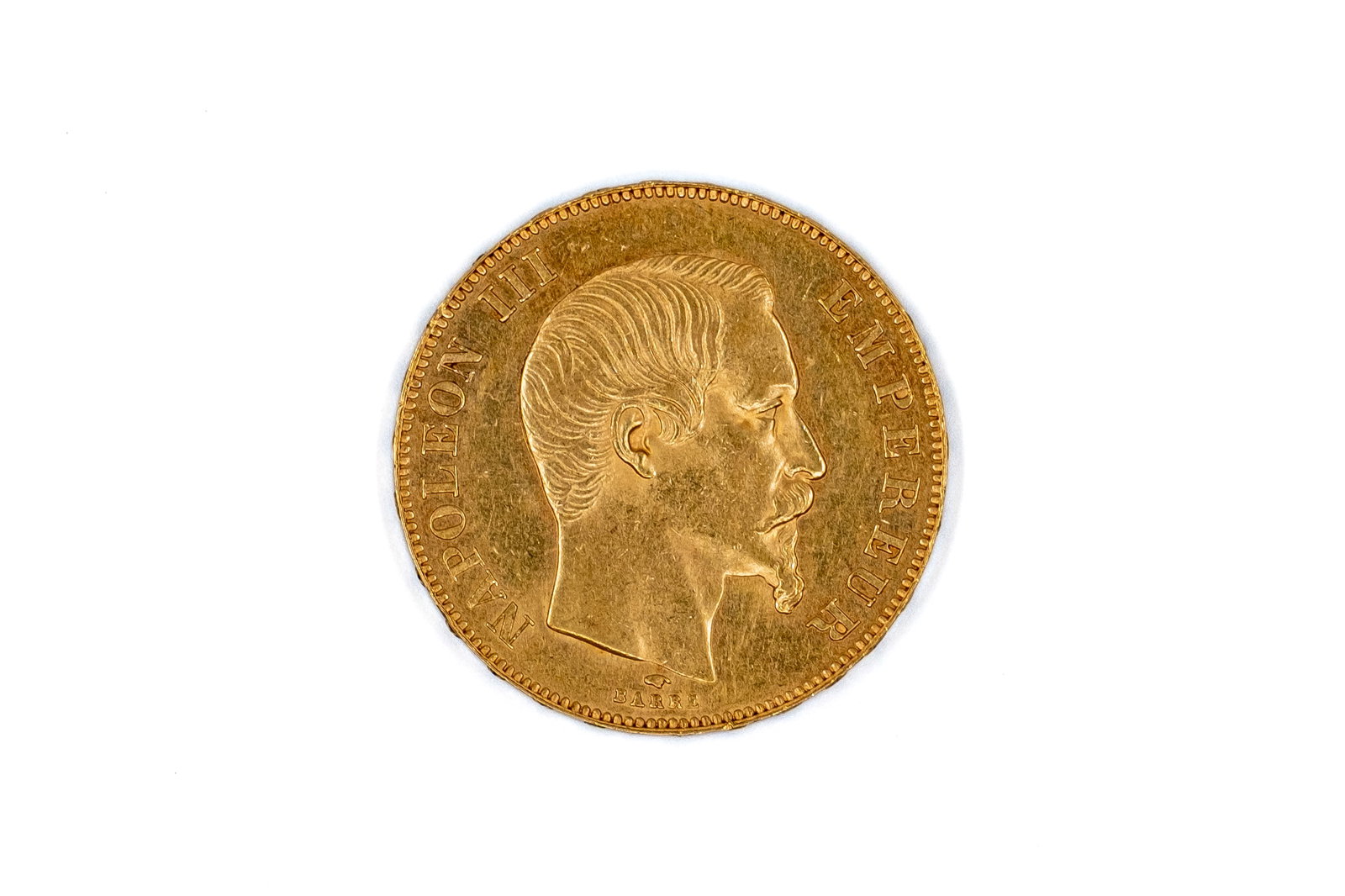 A French gold 50 Francs coin of Napoleon III, dated 1858 (1 of 2)