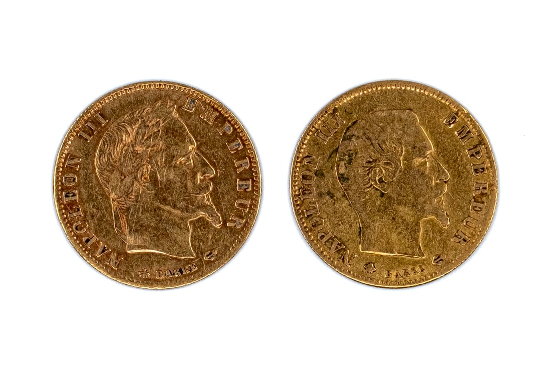 Two French five francs pieces, Napoleon III and Napoleon III laureate (1 of 2)