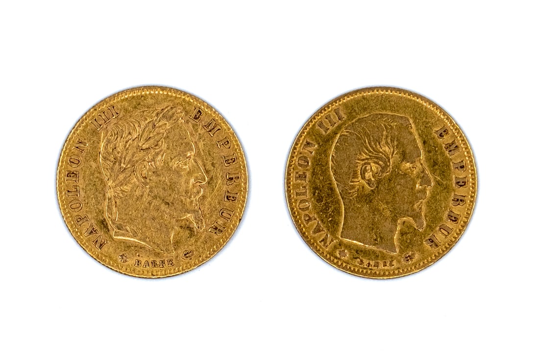 Two French five francs pieces, Napoleon III and Napoleon III laureate (1 of 2)