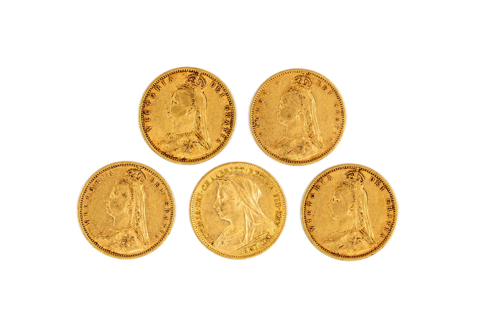 A lot of five British gold half sovereigns of Queen Victoria, dated 1892-1899: A lot of five British gold half sovereigns of Queen Victoria, dated 1892-1899. Comprising mostly Jubilee head issues and one veiled head issue, with crowned shield and St George slaying the dragon rev
