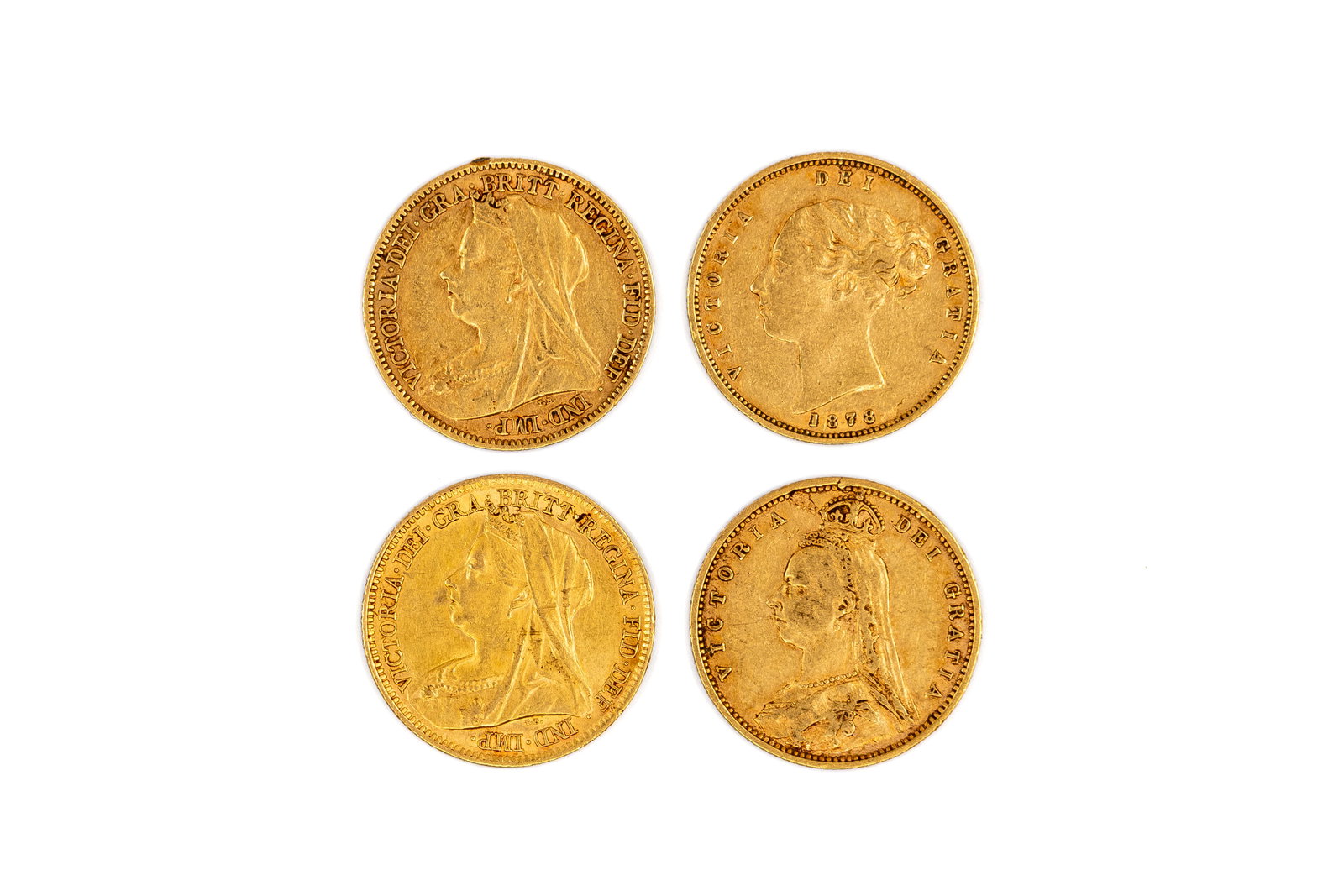 A lot of four British gold half sovereigns of Queen Victoria, dated 1878-1901 (1 of 2)
