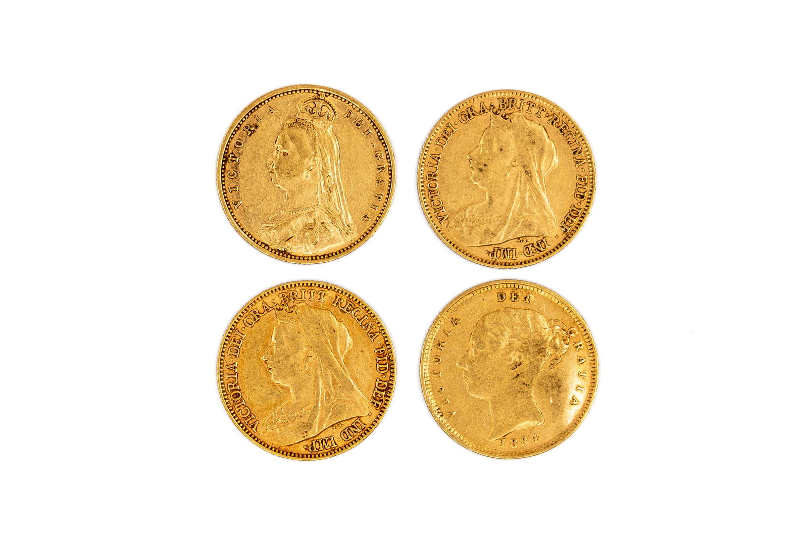 A lot of four British gold half sovereigns of Queen Victoria, dated 1884-1896: Lot 1030. A lot of four British gold half sovereigns of Queen Victoria, dated 1884-1896. Comprising young head, Jubilee head and veiled head issues, with crowned shield and St George slaying the drago