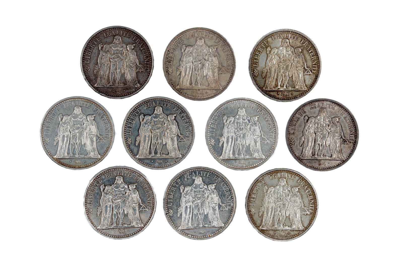 A lot of 10 French silver 10 Francs coins of the Fifth Republic, dated 1965-1970 (1 of 2)
