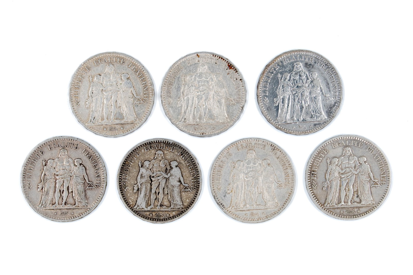 A lot of seven French silver 5 Francs "Hercules" type coins (1 of 2)