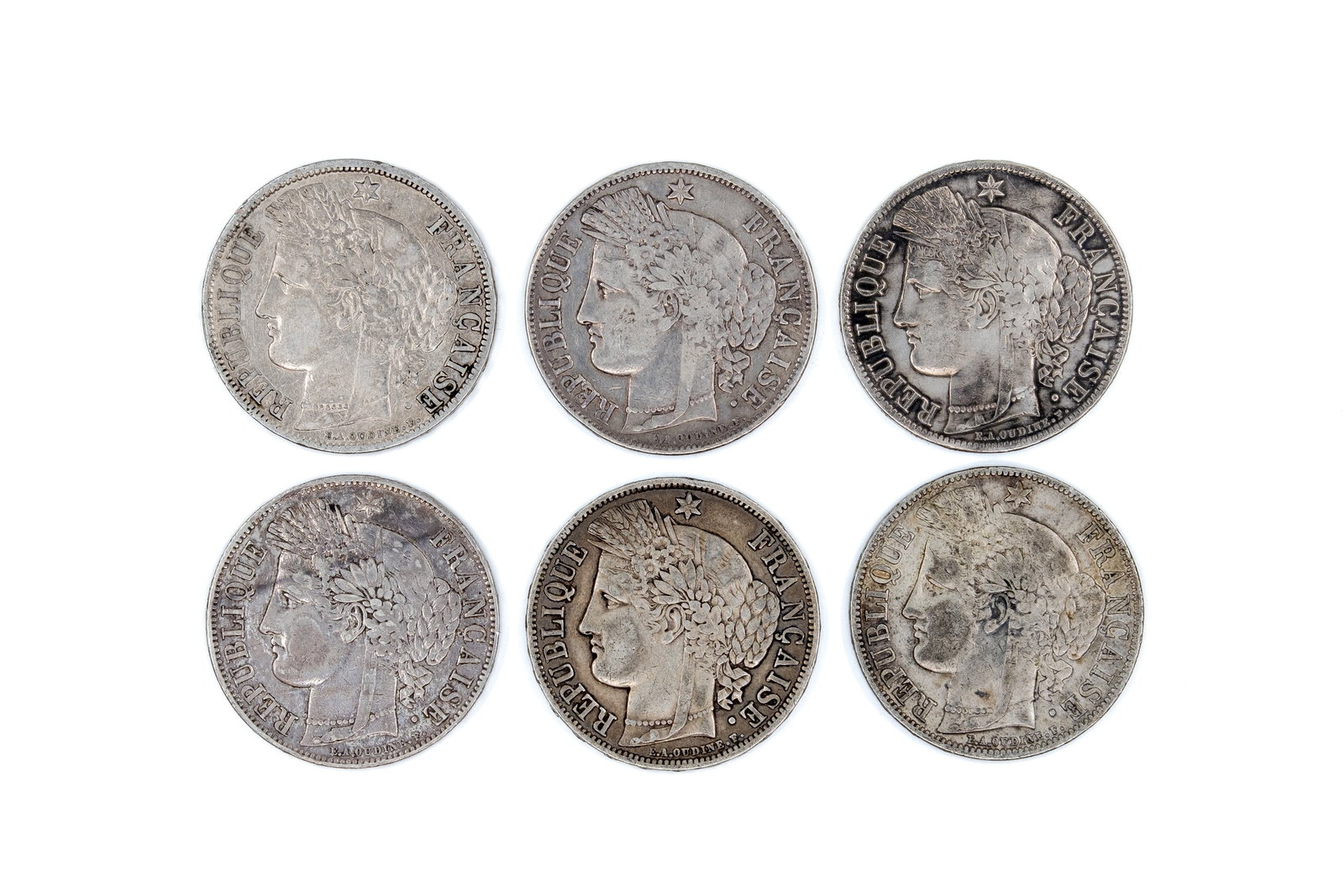 A lot of six French silver 5 Francs coins of the Second Republic: A lot of six French silver 5 Francs coins of the Second Republic, dated 1850-1870. Comprising Cérès head issues facing left, with "République Française" on the obverse, and a wreath enclosing the 