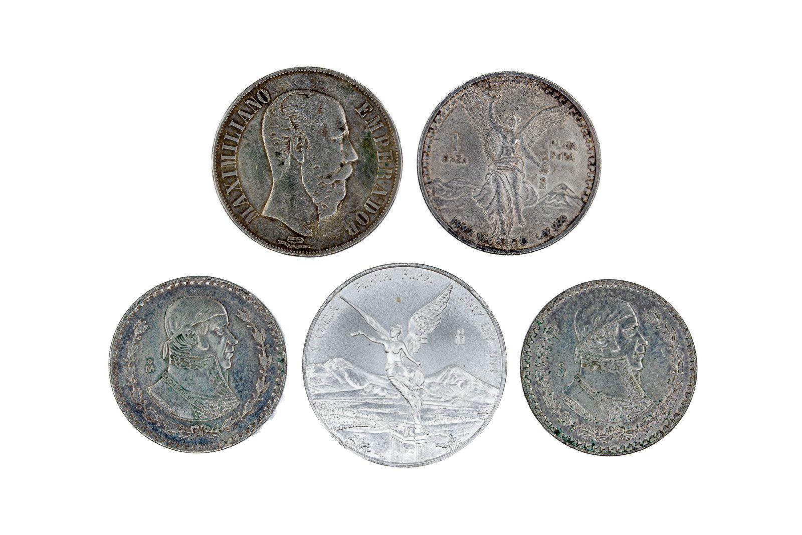 A lot of five Mexican silver coins (1 of 2)