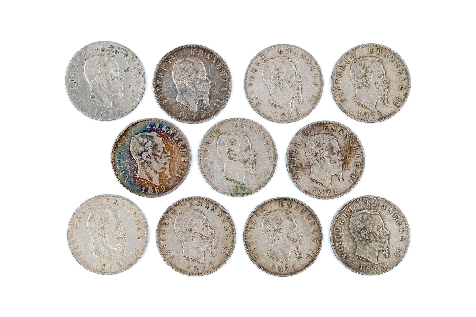 A lot of 11 Italian silver 5 Lire coins of Vittorio Emanuele II, dated 1869-1878 (1 of 2)