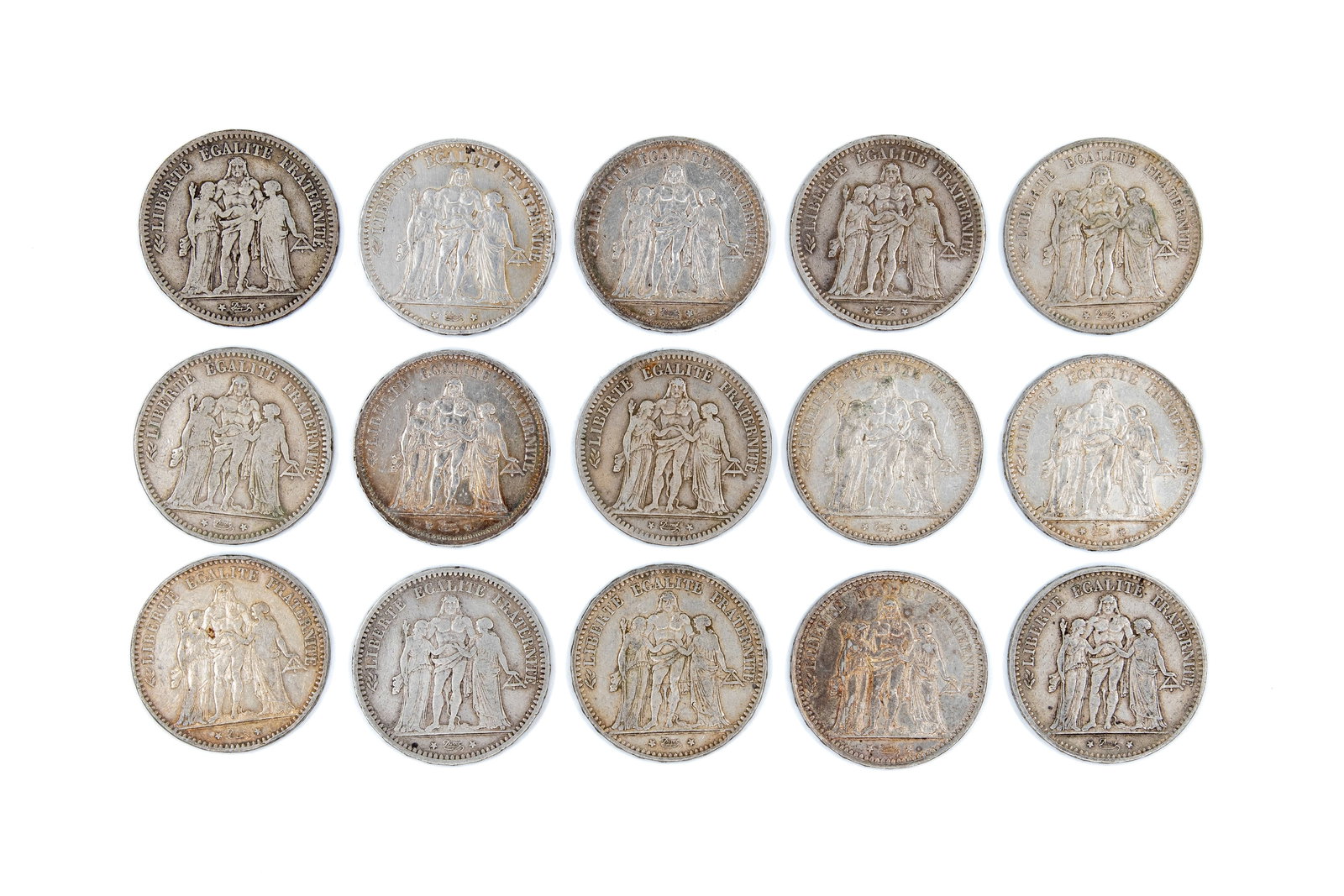 A lot of 15 French silver 5 Francs coins of the Third Republic, dated 1849-1875 (1 of 2)