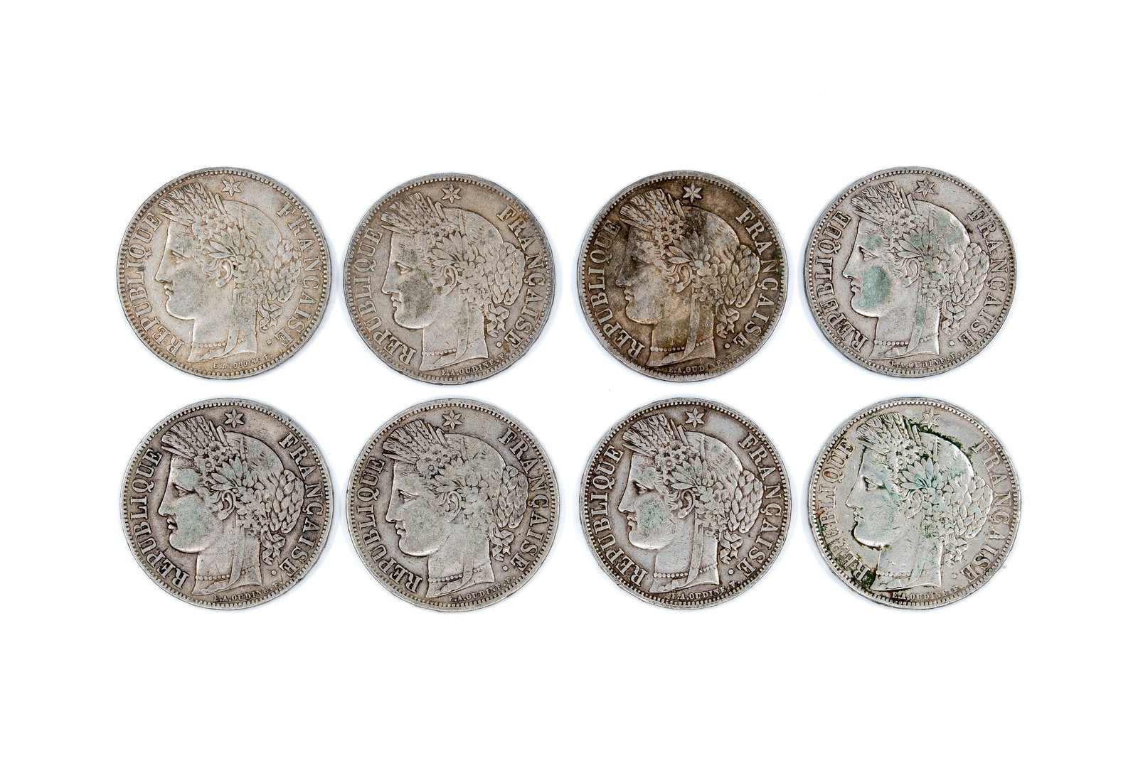 A lot of eight French silver 5 Francs coins, dated 1849-1871 (1 of 2)