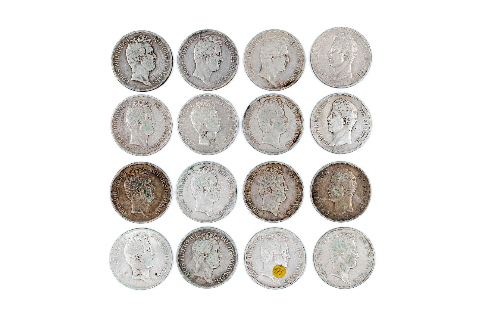 A lot of 16 French silver 5 Francs coins (Louis-Philippe I and Charles X): A lot of 16 French silver 5 Francs coins (Louis-Philippe I and Charles X), dated 1828-1831. Comprising 5 Francs of Louis-Philippe I, dated 1830-1831, and Charles X, dated 1828-1829, with laurel wreath